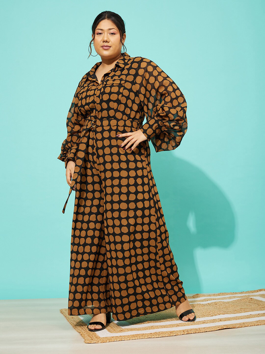 QUIERO MAS Plus Size Printed Shirt Collar Basic Jumpsuit