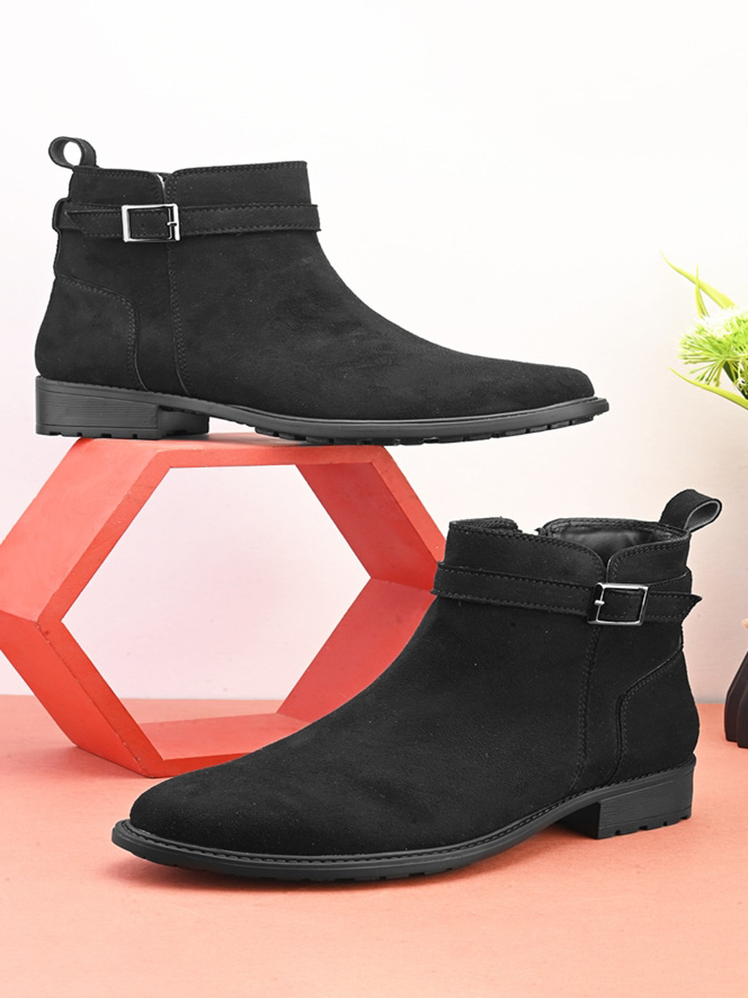 pelle albero Women Mid Top Leather Buckle Block-Heeled Ankle Monk Strap Boots