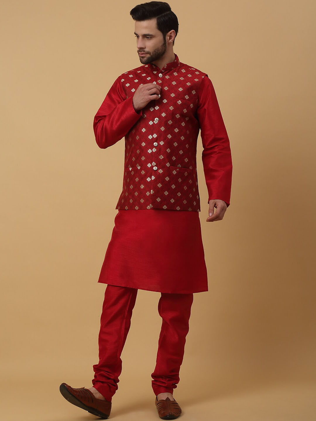 KRAFT INDIA Mandarin Collar Long Sleeves Regular Kurta With Churidar & Nehru Jacket