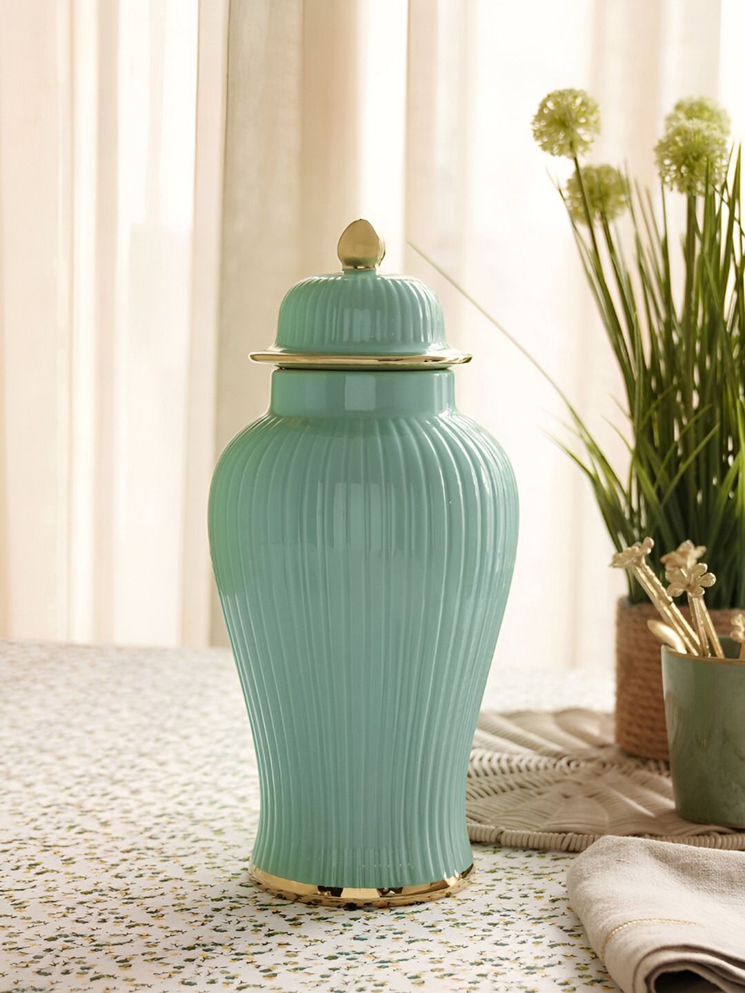 Pure Home and Living Blue Ribbed Ceramic Vase