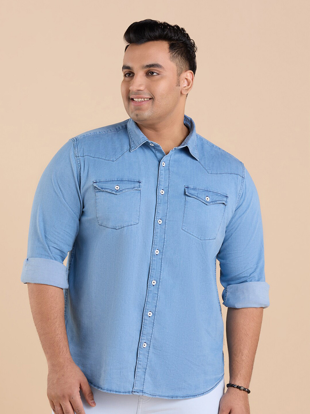 Big Hello - The Plus Life Spread Collar Casual Denim Shirt