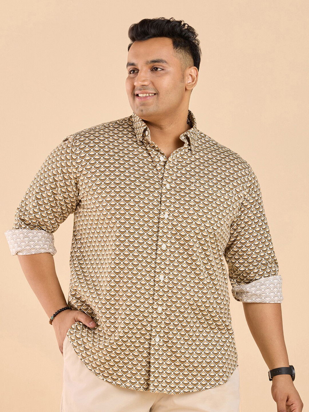Big Hello - The Plus Life Geometric Printed Twill Weave Cotton Casual Shirt