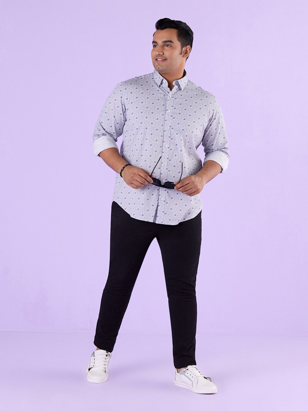 Big Hello - The Plus Life   Geometric Printed Twill Spread Collar Long Sleeves Cotton Casual Shirt