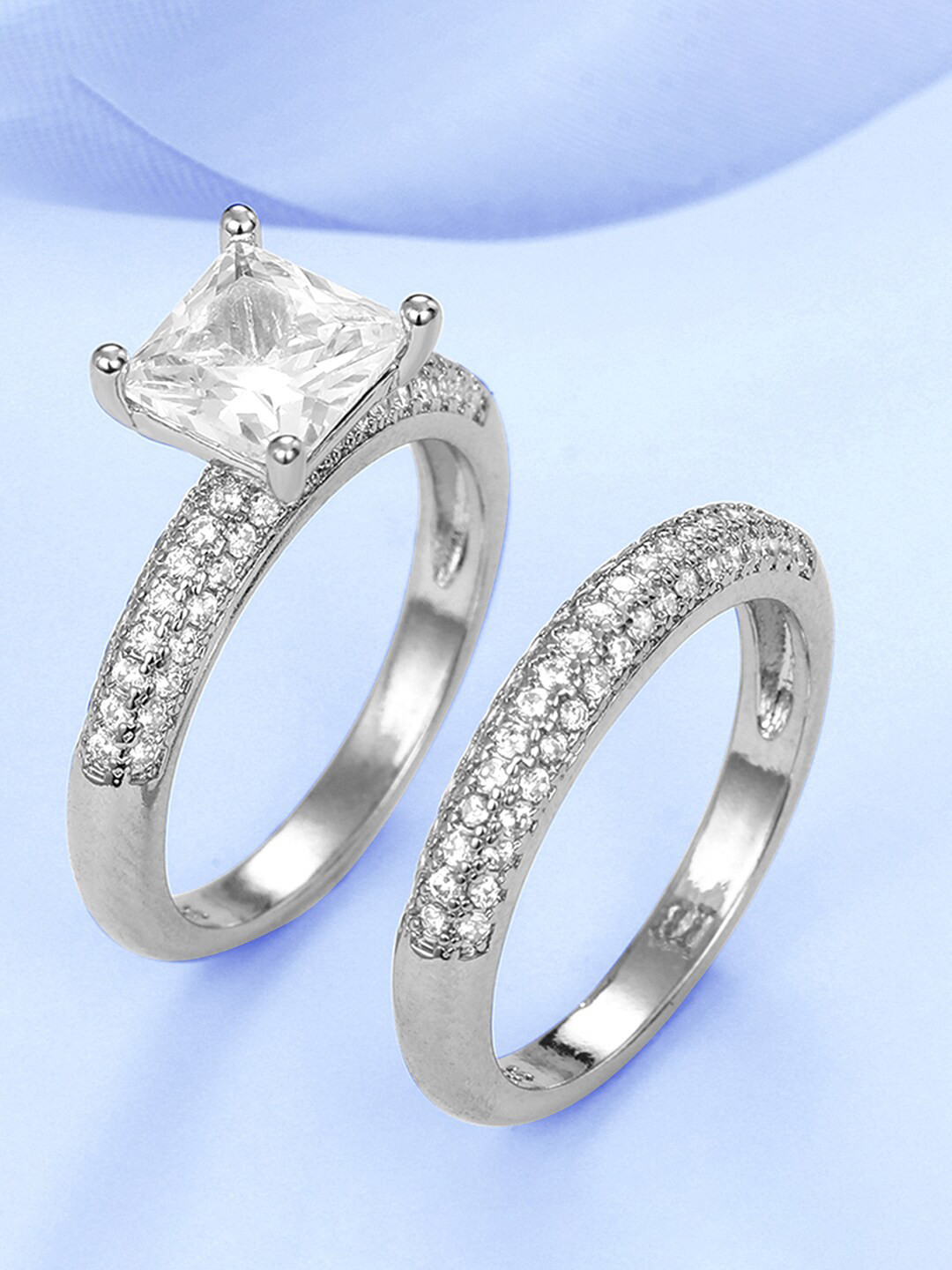 Peora Set Of 2 Silver-Plated CZ Studded Solitaire & Eternity Finger Rings
