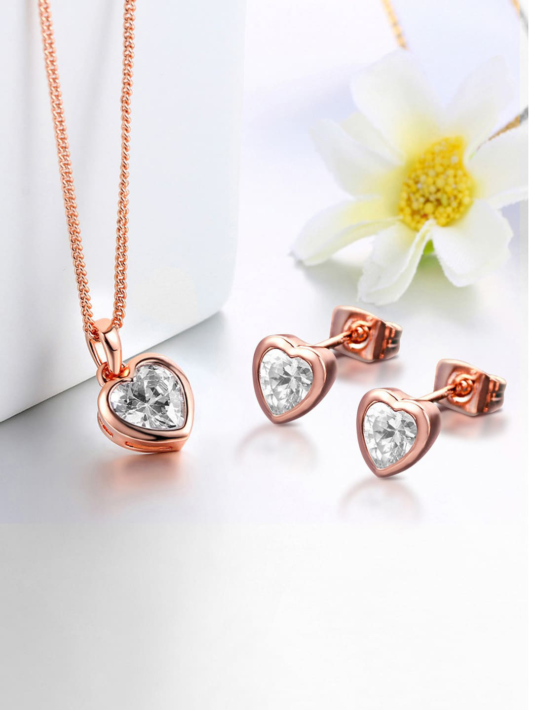 Peora Rose Gold-Plated CZ-Studded  Heart Shape Pendant & Earrings