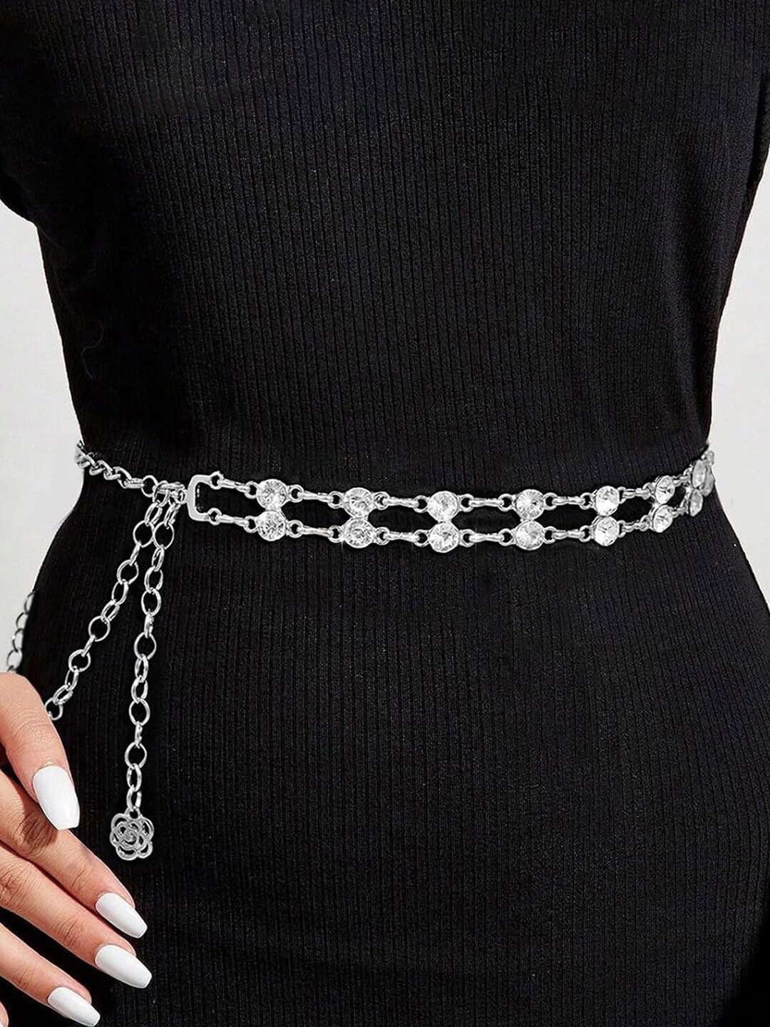 Peora Silver Plated Cubic Zirconia Studded Adjustable Kamarbandh Waist Chain