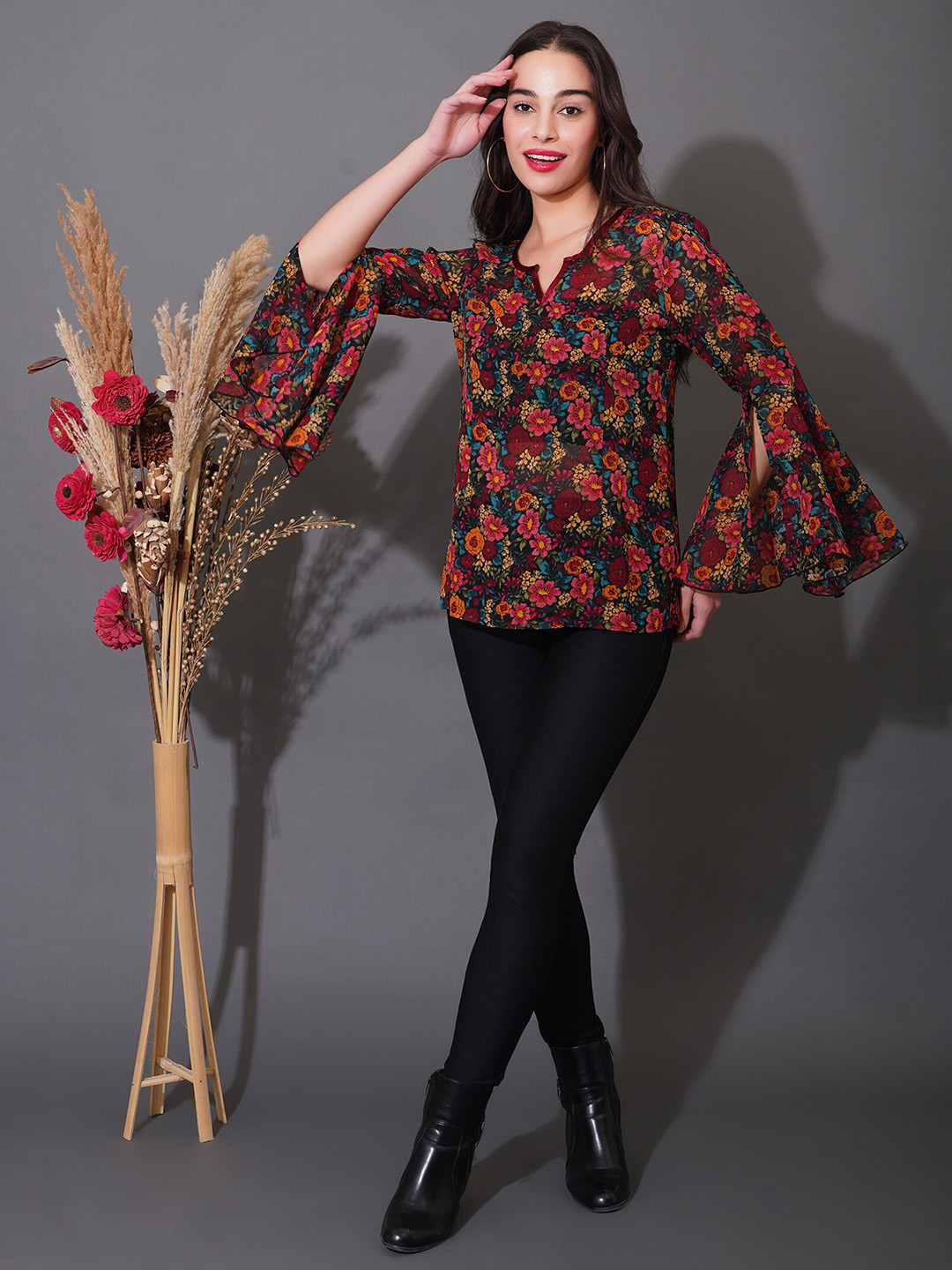 DEBONATELLA Floral Printed Mandarin Collar Bell Sleeve Top