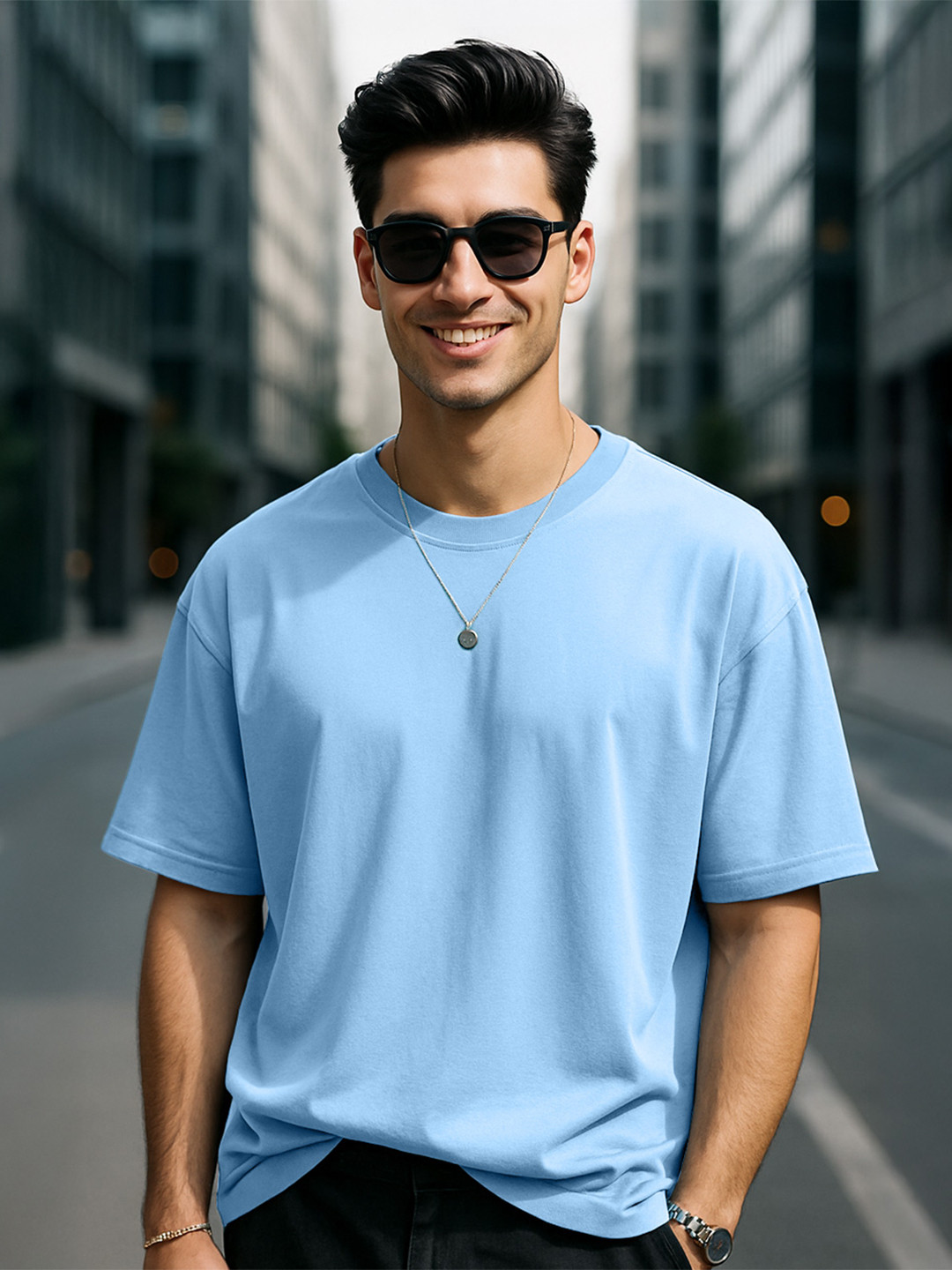 VEIRDO Sky Blue Drop-Shoulder Sleeves Pure Cotton Oversized T-shirt