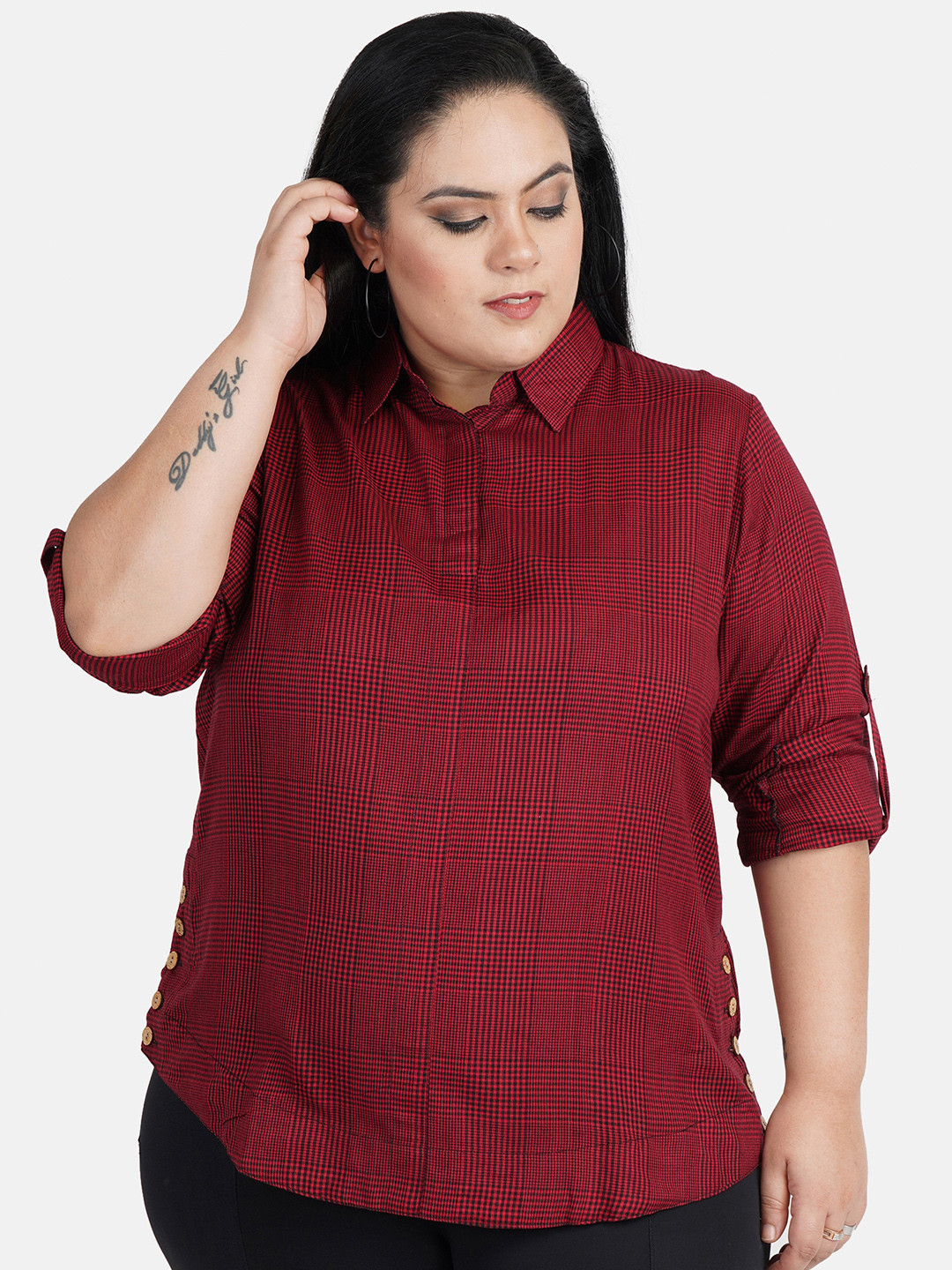 Indietoga Women's Plus Size Red & Black Checkered Rayon Shirt