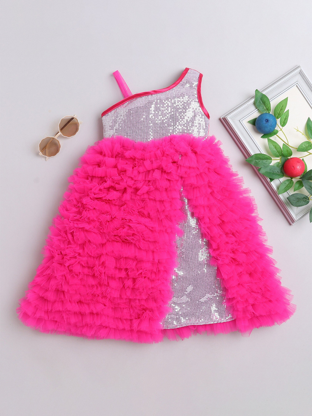 MANY FROCKS & Girls One Shoulder Sequined Net Fit & Flare Dress