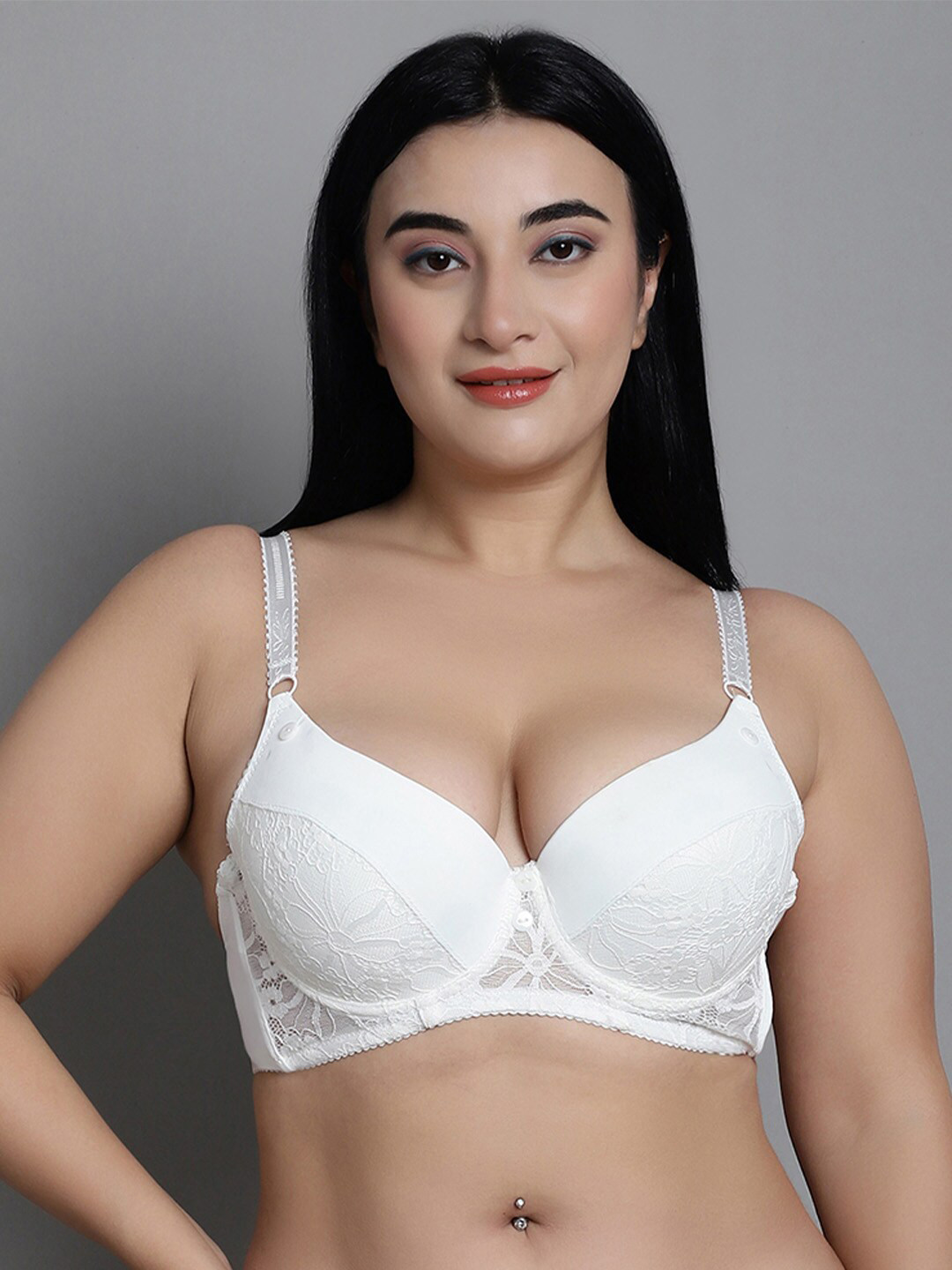 MAKCLAN Lace Medium Coverage Underwired Lightly Padded Plunge Bra With All Day Comfort
