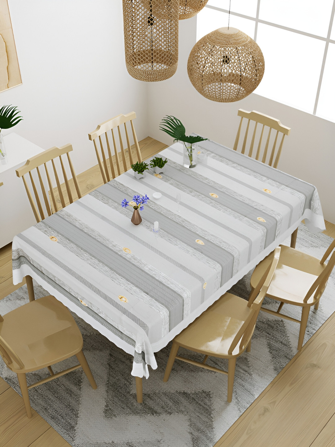 Aura Grey & White Striped Waterproof 6 Seater Table Cover