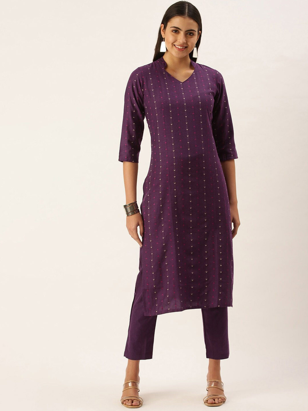HRITIKA Striped Woven Design Thread Work Mandarin Collar Straight Kurta With Trouser