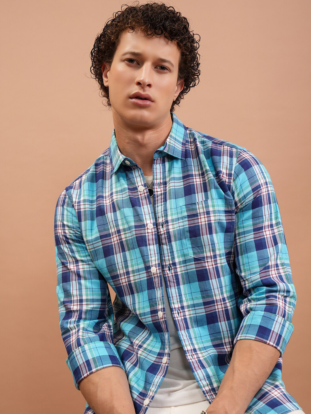 Highlander Men Sky Reg Collar Checked Slim Fit Shirt