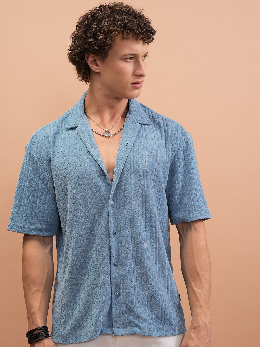 Highlander Men Terry Towel Oversized Drop Shoulder Cuban Collar Shirt