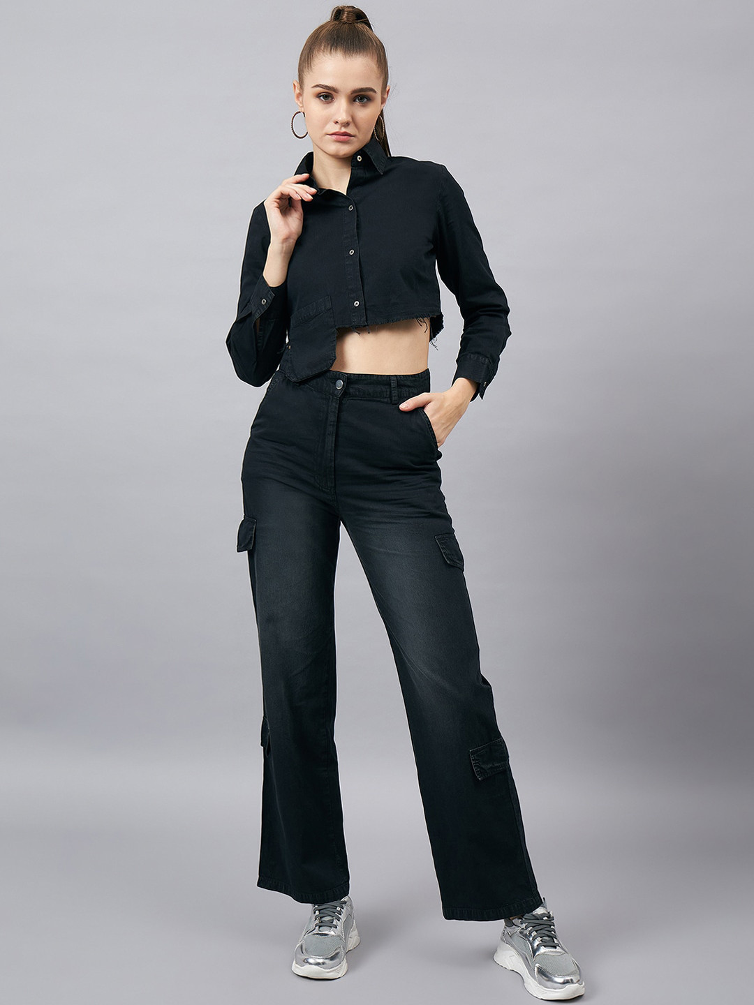 Orchid Blues Pure Cotton Denim Crop  Shirt &  Cargo Jeans