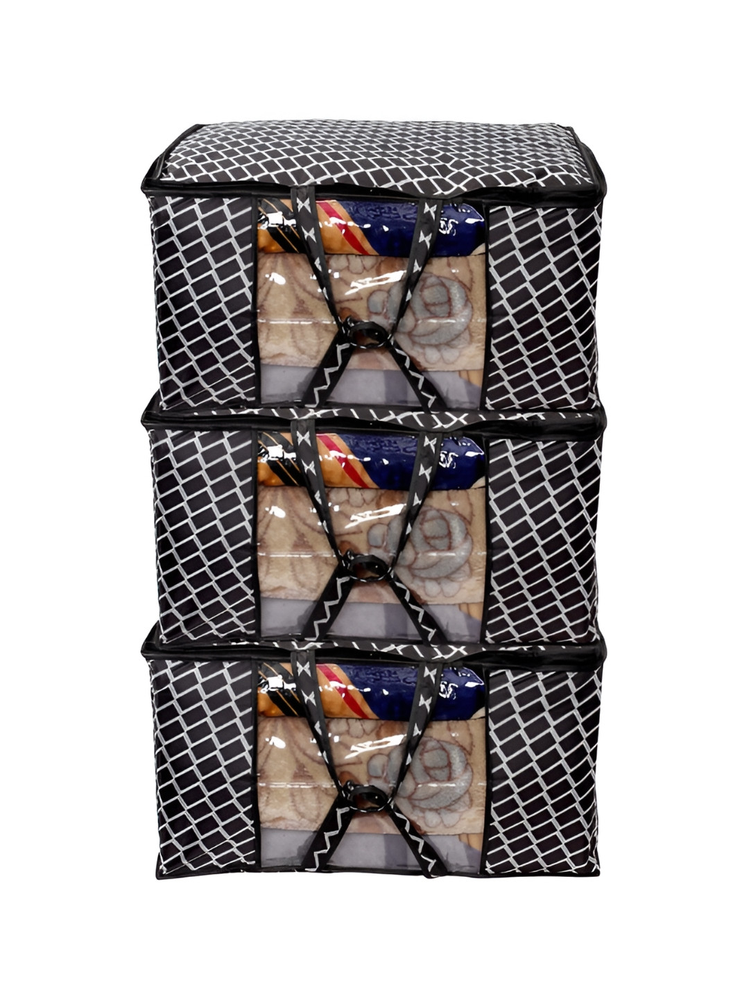 Stylista Black & White 3 Pieces Checked Printed Water Resistant Blanket Storage Organisers