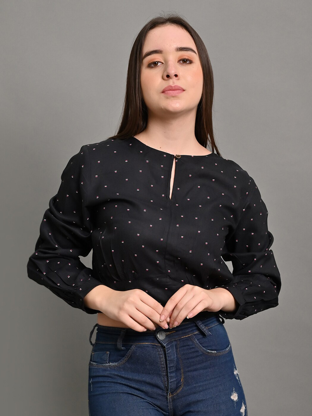 NoBarr Polka Dot Printed Keyhole Neck Long Sleeves Top