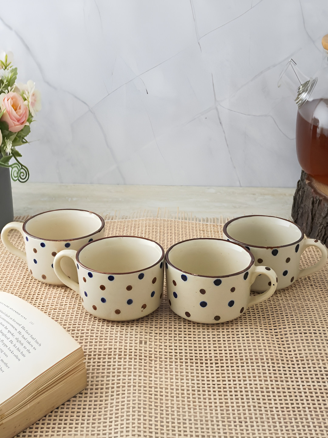 The Decor Mart White Polka Dots Ceramic Microwave Safe 4 Piece Cups-300ml