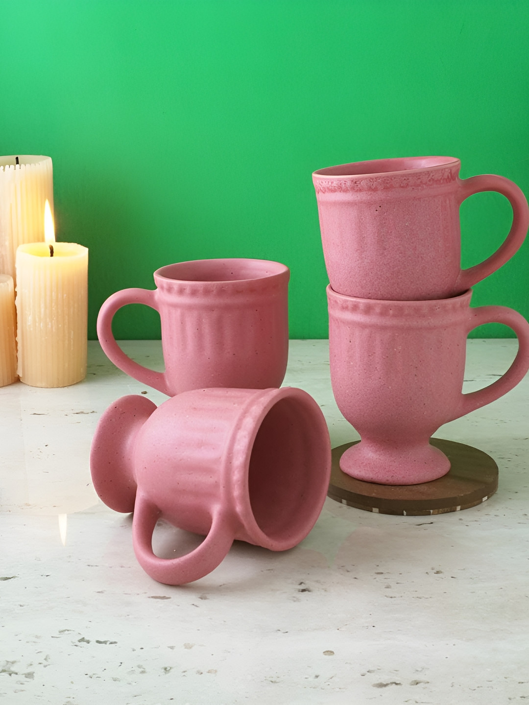 The Decor Mart Dharam Name Personalised Pink Textured Ceramic Microwave Safe 4 Piece Mugs-300ml