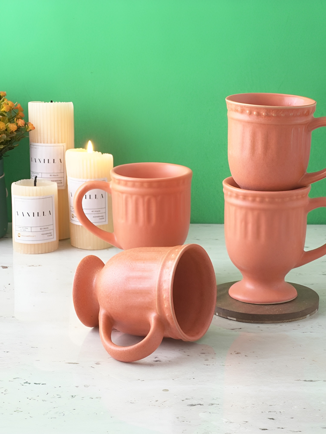 The Decor Mart Orange Ethnic Motifs Textured Ceramic Matte Mugs Set of Cups and Mugs