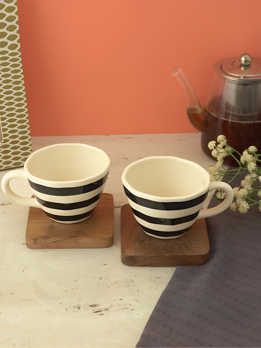 The Decor Mart Valentine gift for Girlfriend White Striped Ceramic Handmade 2 Piece Cups-300ml