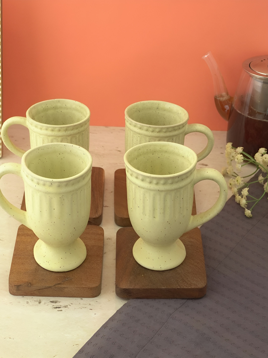 The Decor Mart Traditional Dancers Beige Textured Ceramic Microwave Safe 4 Piece Mugs-300ml