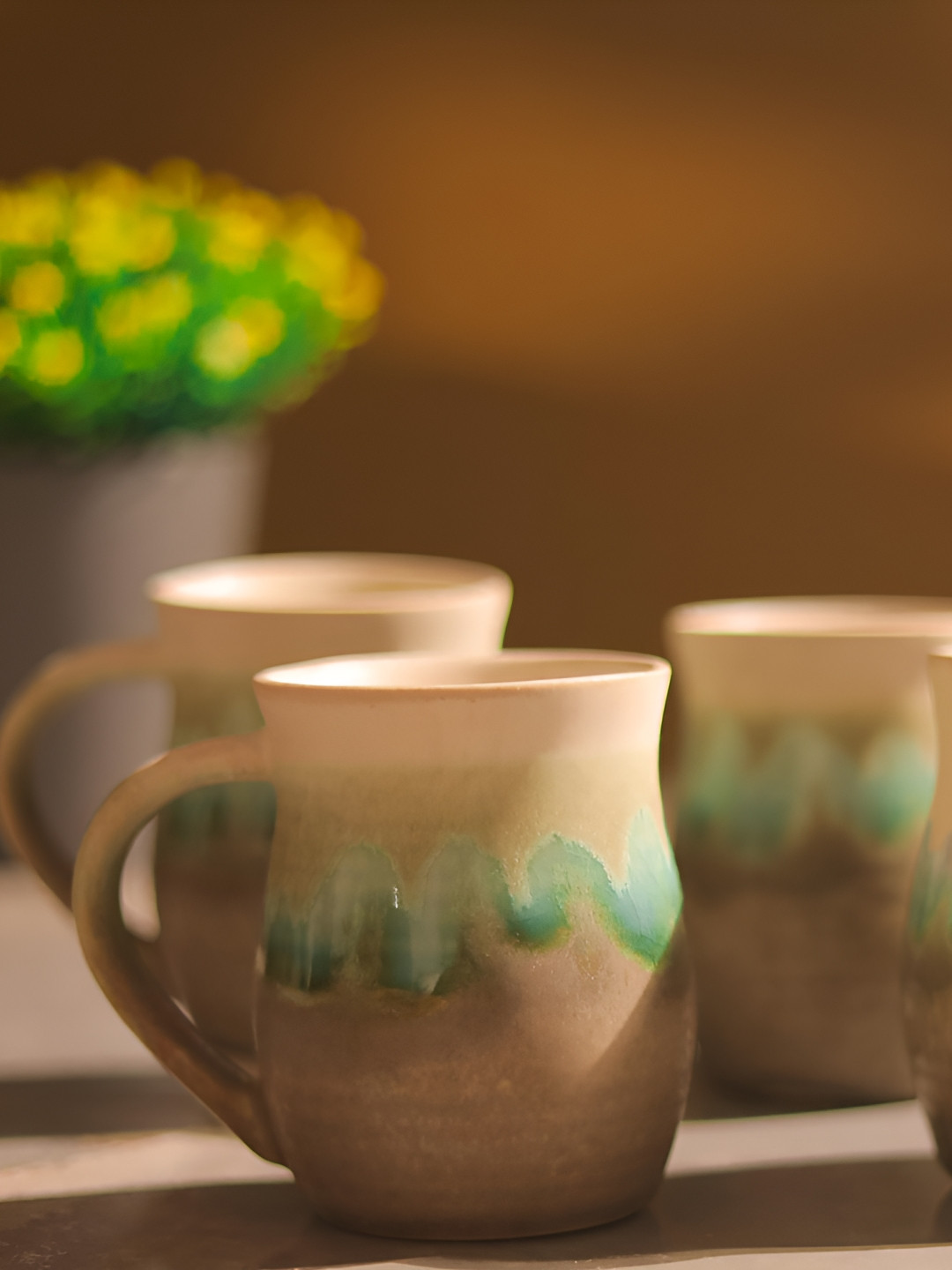 The Decor Mart Kavan Name Personalised Brown Ethnic Motifs Ceramic Microwave Safe 4 Piece Mugs-300ml