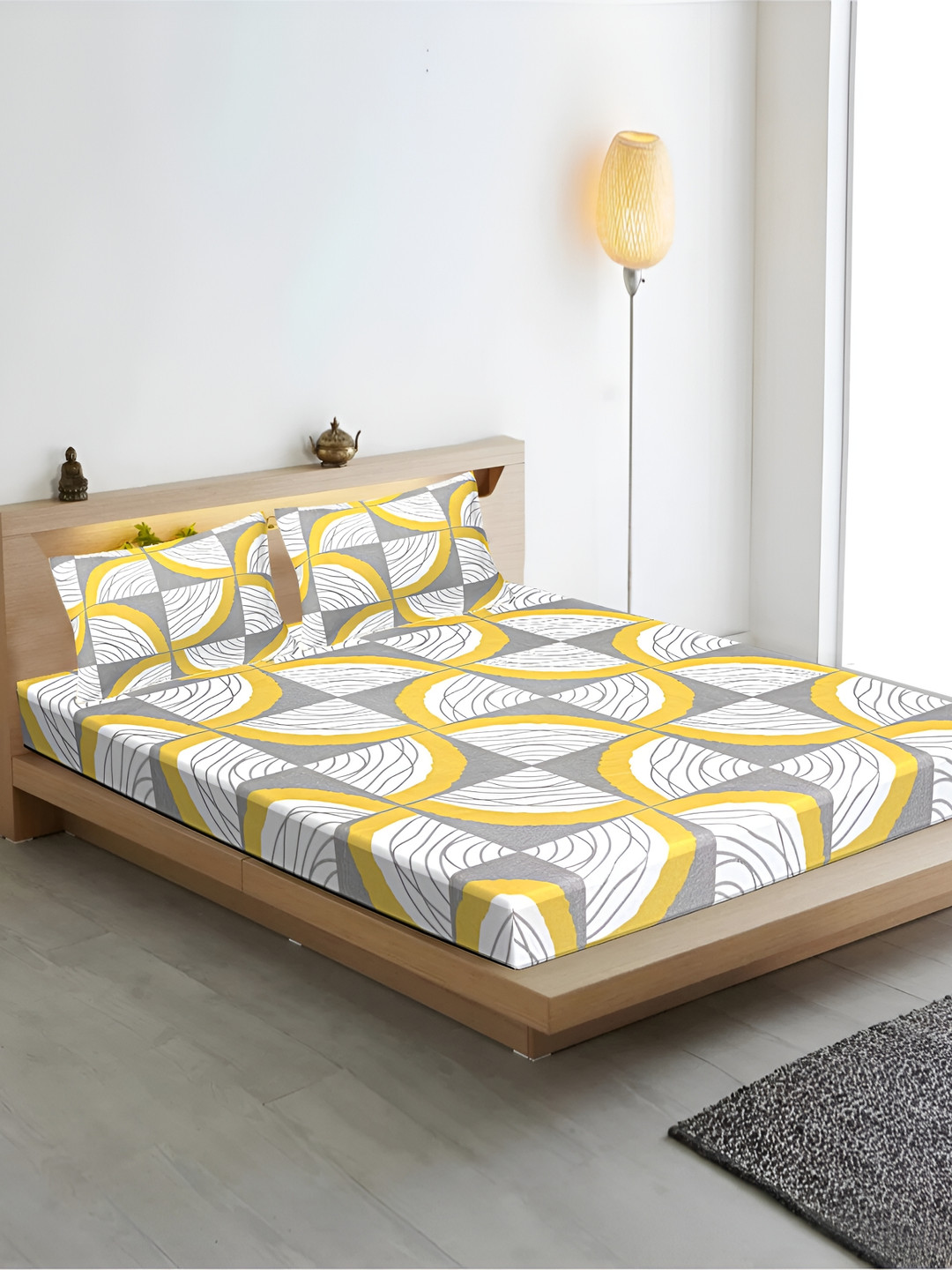 INDHOME LIFE Yellow Geometric Cotton 210 TC Fitted Queen Fine Bedsheet with 2 Pillow Covers-108 x 100 inches