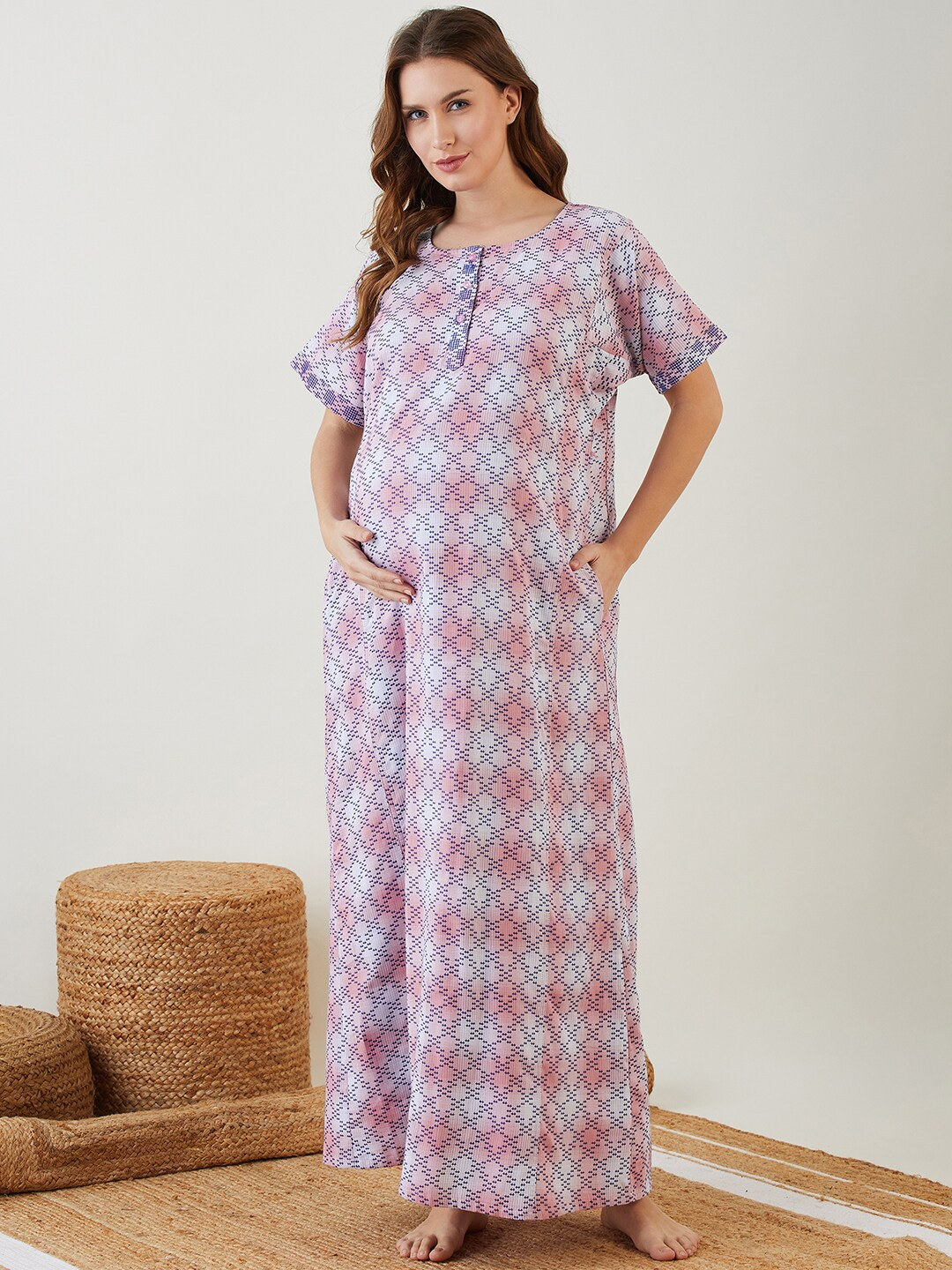 The Kaftan Company Textured Maternity Pure Cotton Maxi Nightdress