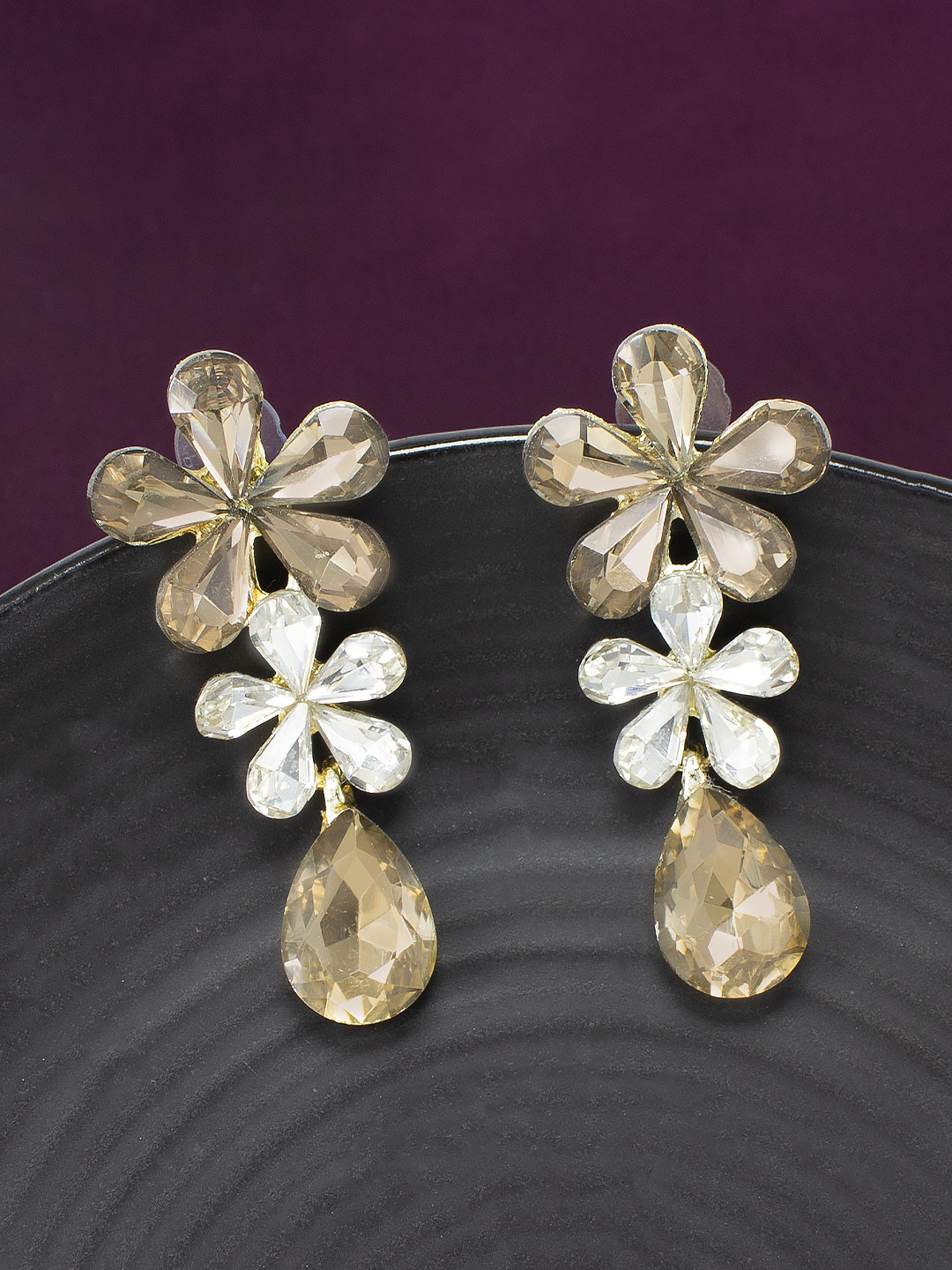 PRIVIU Rose Gold-Plated Crystals Studded Floral Drop Earrings