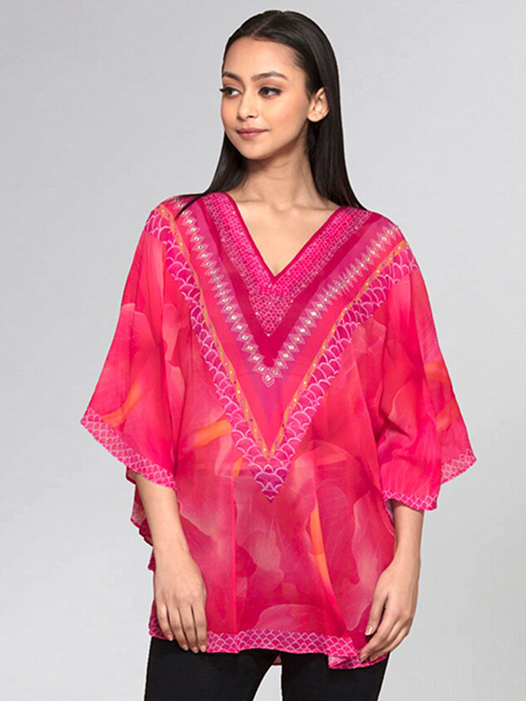 First Resort by Ramola Bachchan Floral Printed Extended Sleeves Embellished kaftan Tunic