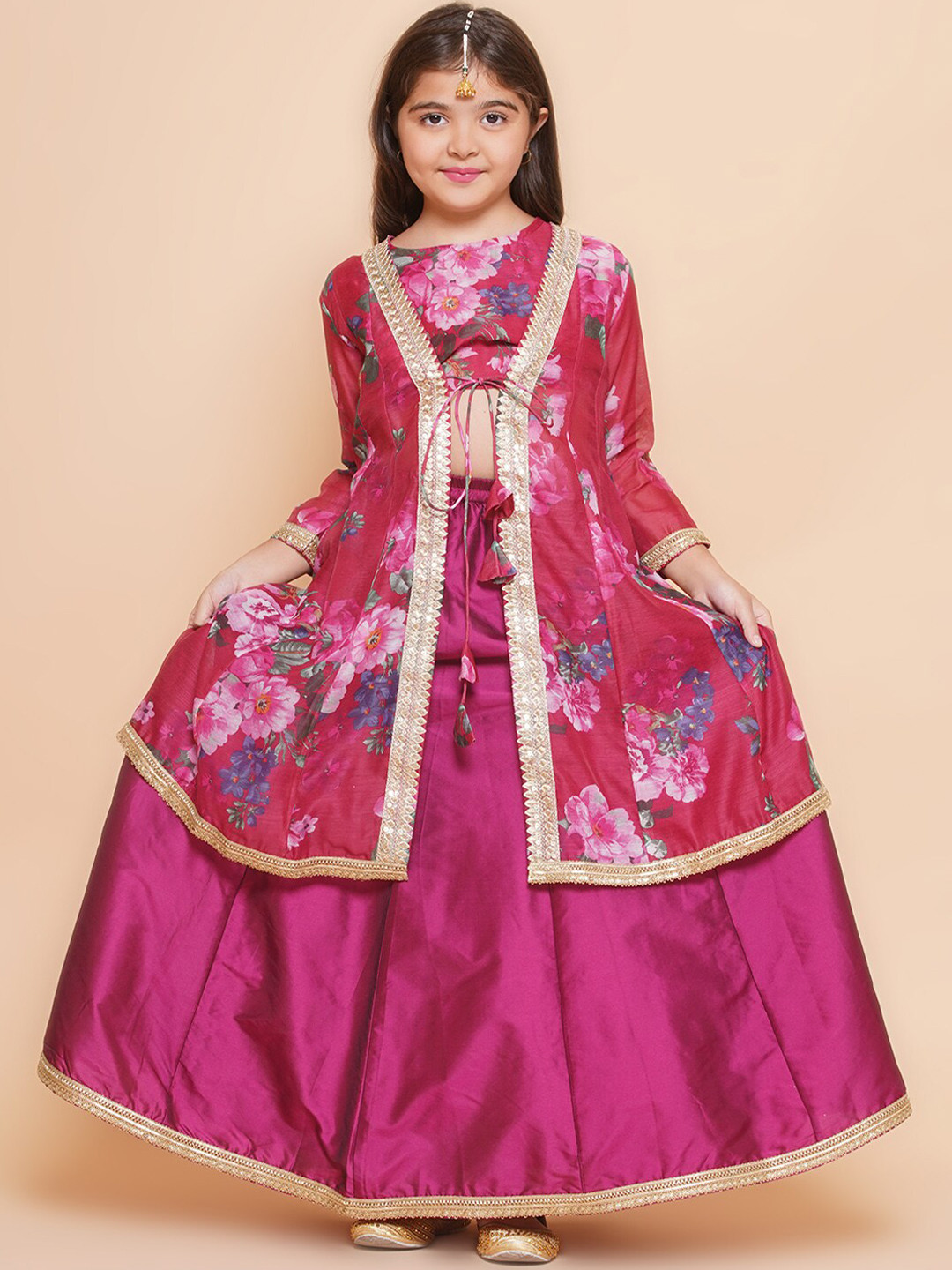 Bitiya by Bhama Girls Floral Printed Gotta Patti Ready to Wear Lehenga With Choli & Shrug