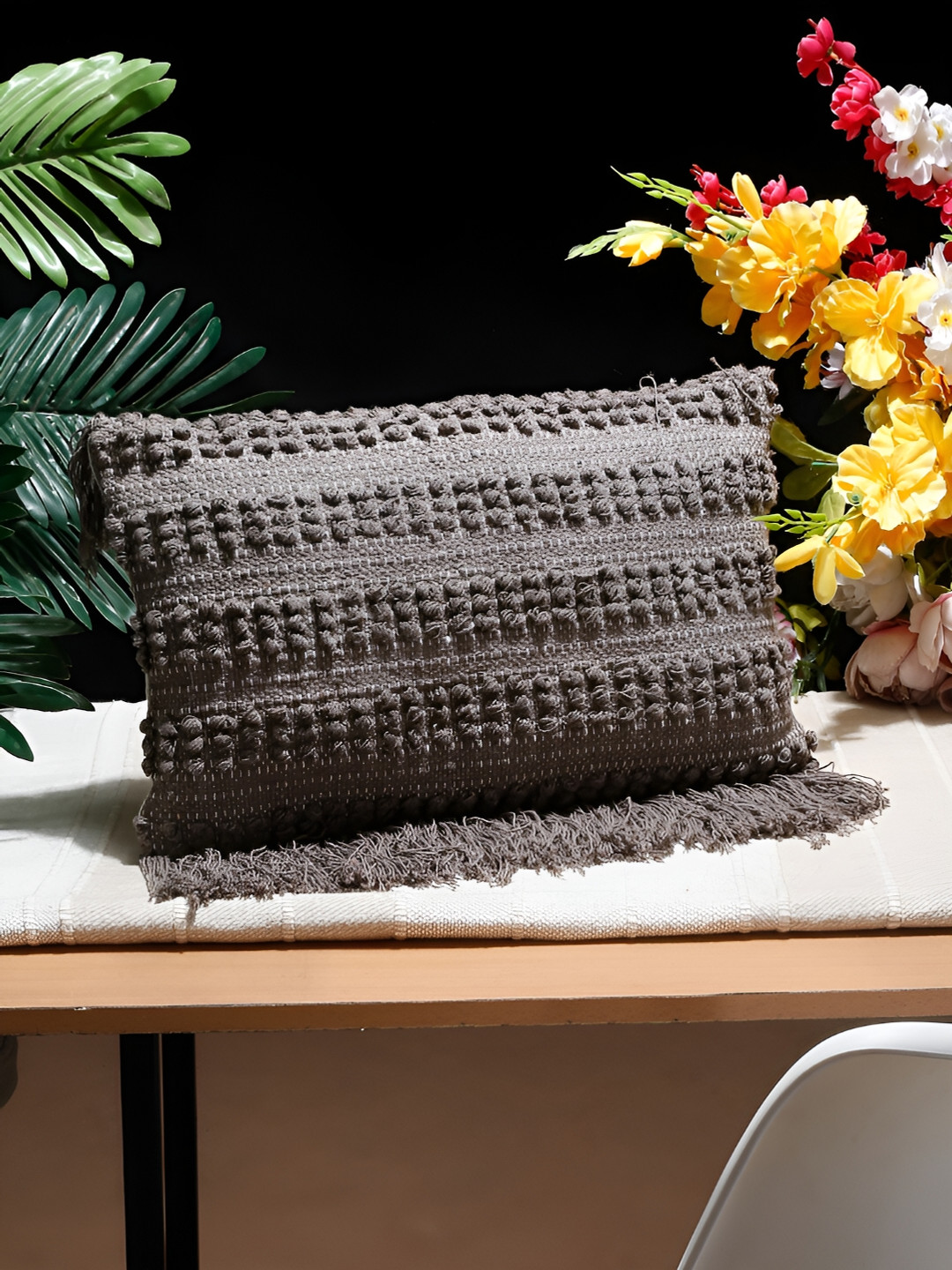 NISRAG HOME Grey Embroidered Cotton Lightweight Rectangle Cushion Covers - 11.8 x 11.8 In