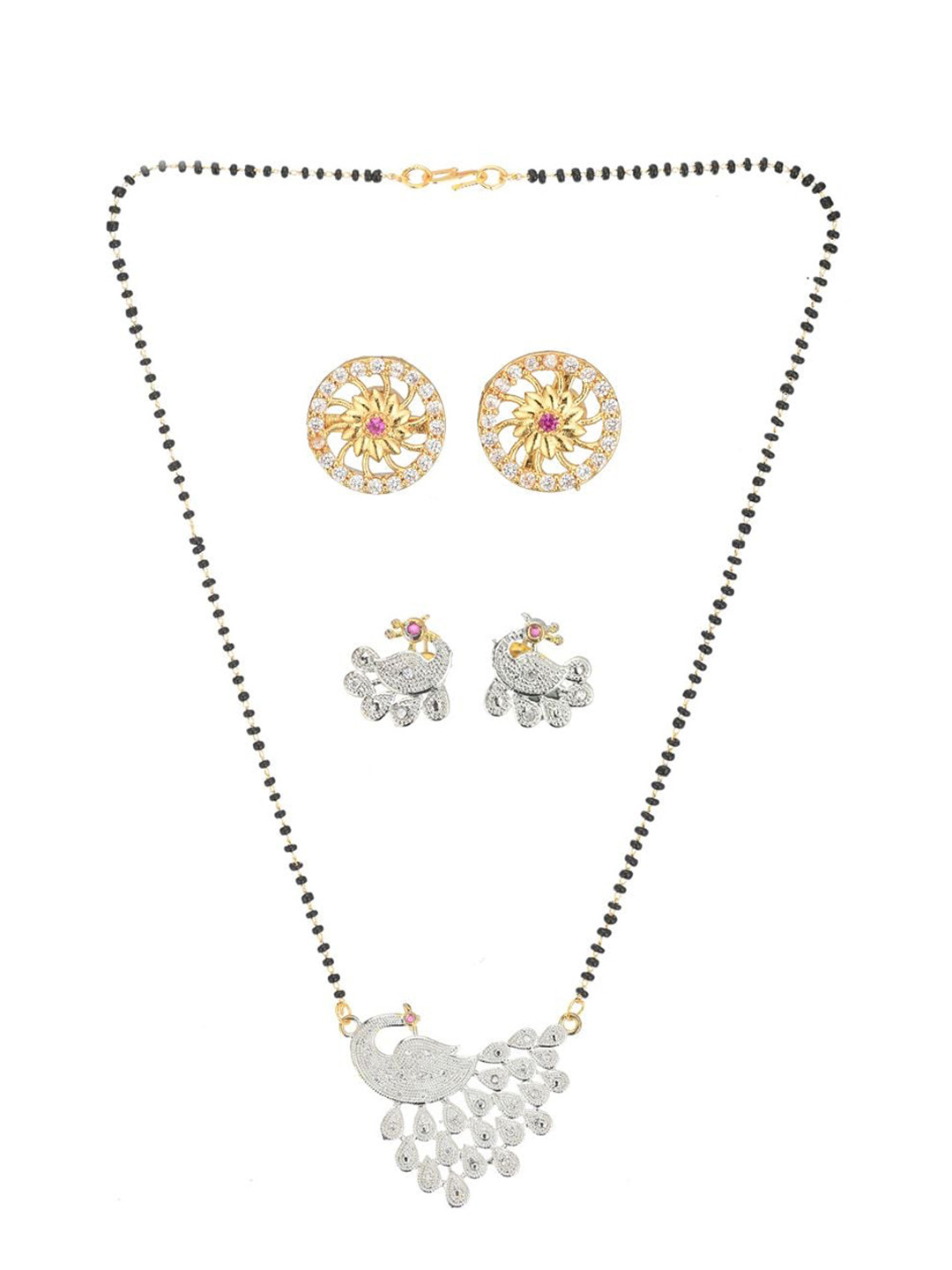 AanyaCentric Gold-Plated Artificial Beads Mangalsutra With 2 Pairs Earrings