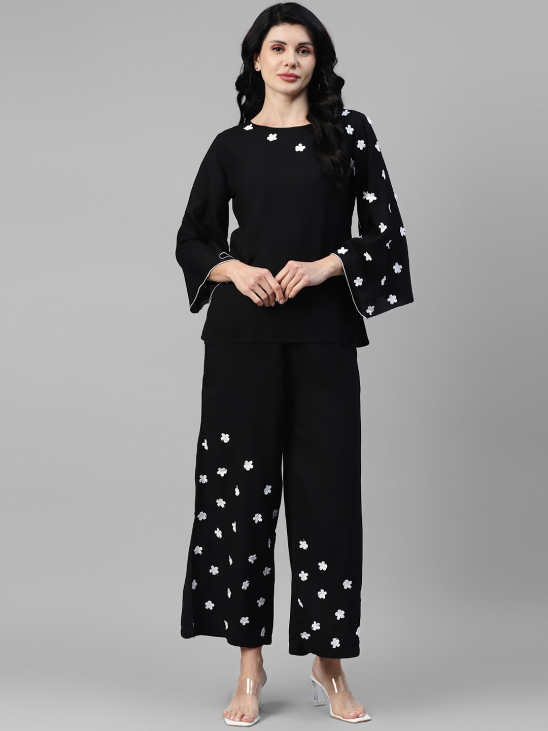 Vibes by Vibes by Deebaco   Floral Patch Worked Top & Palazzos Co-Ords Set