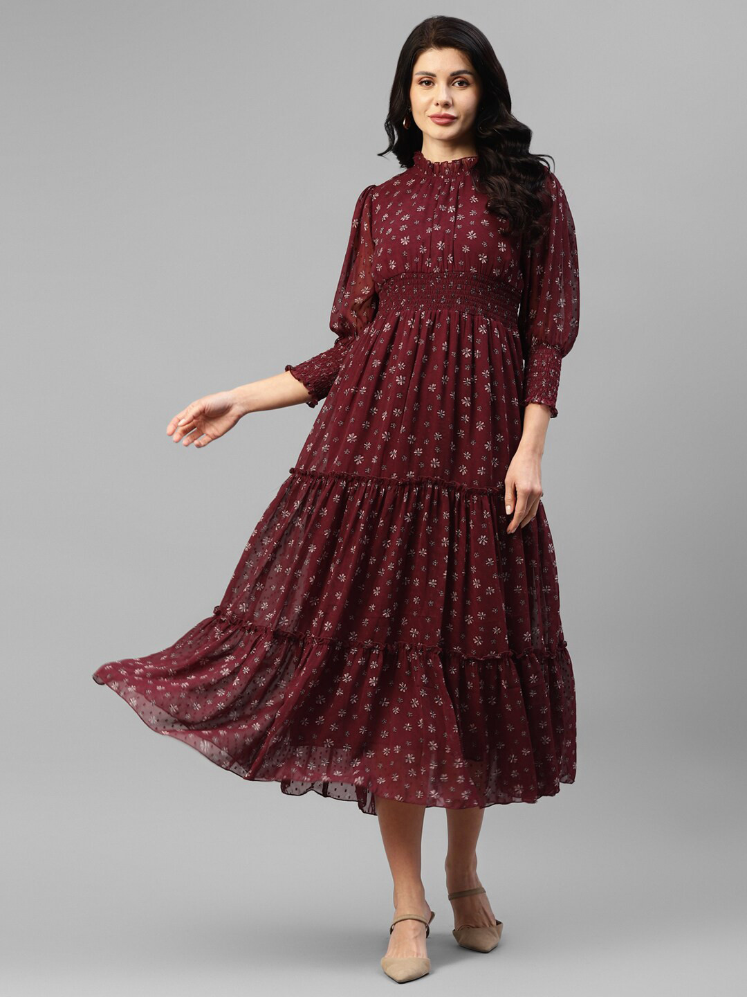 DEEBACO Floral Print Puff Sleeve Georgette A-Line Midi Dress
