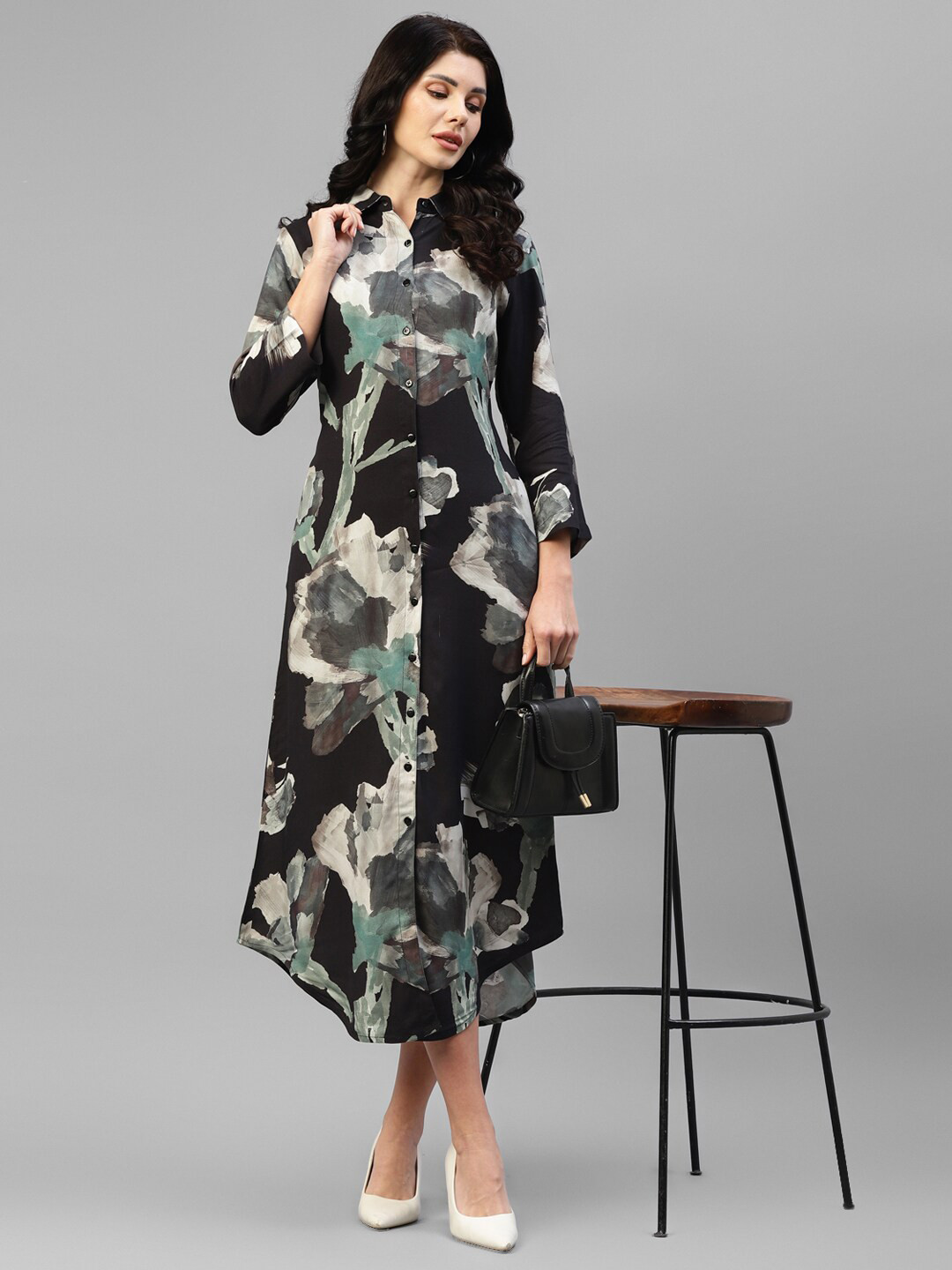 DEEBACO Floral Printed Midi Shirt Dress