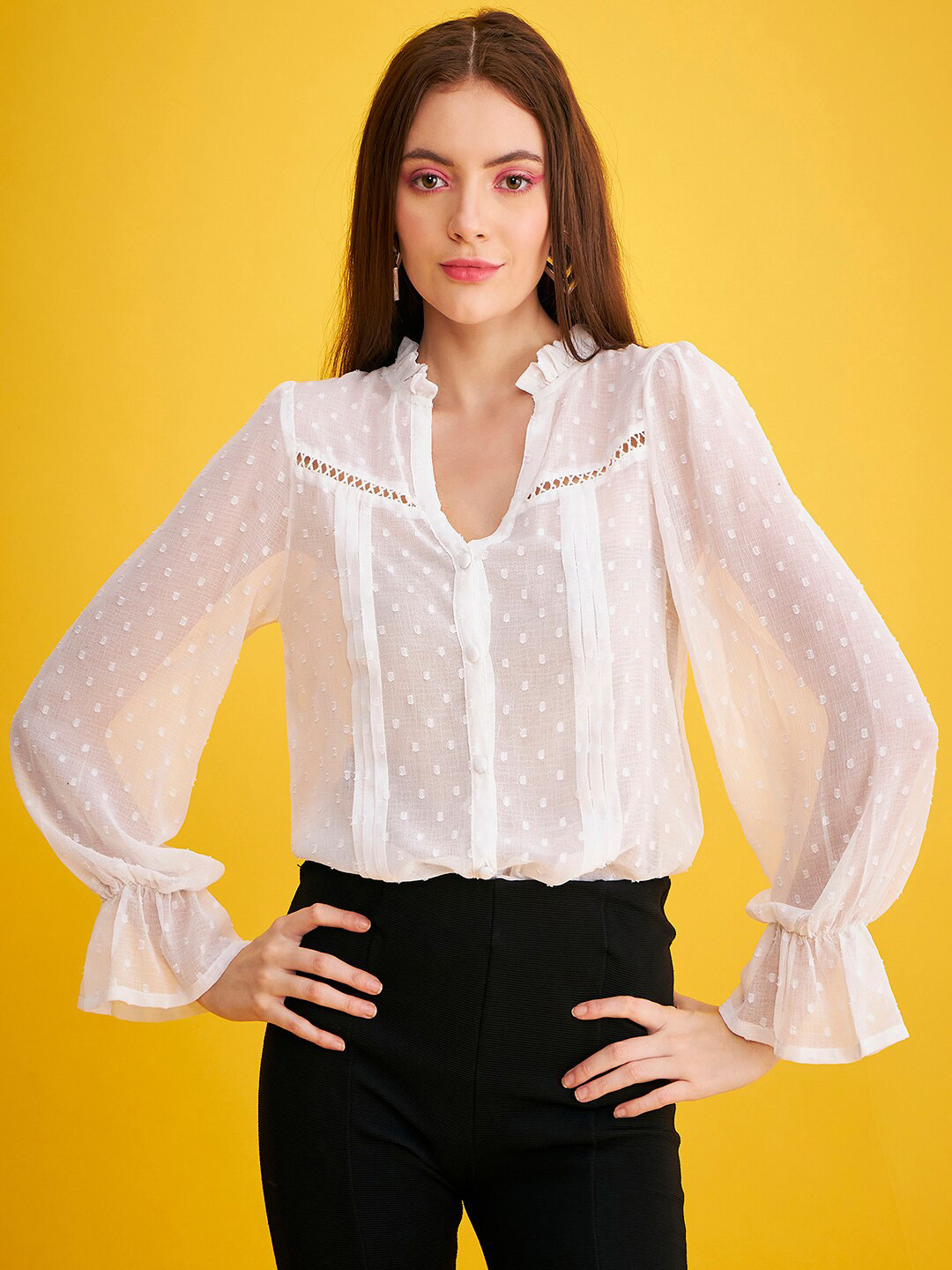 DELAN Mandarin Collar Puff Sleeve Ruffles Cotton Blouson Top