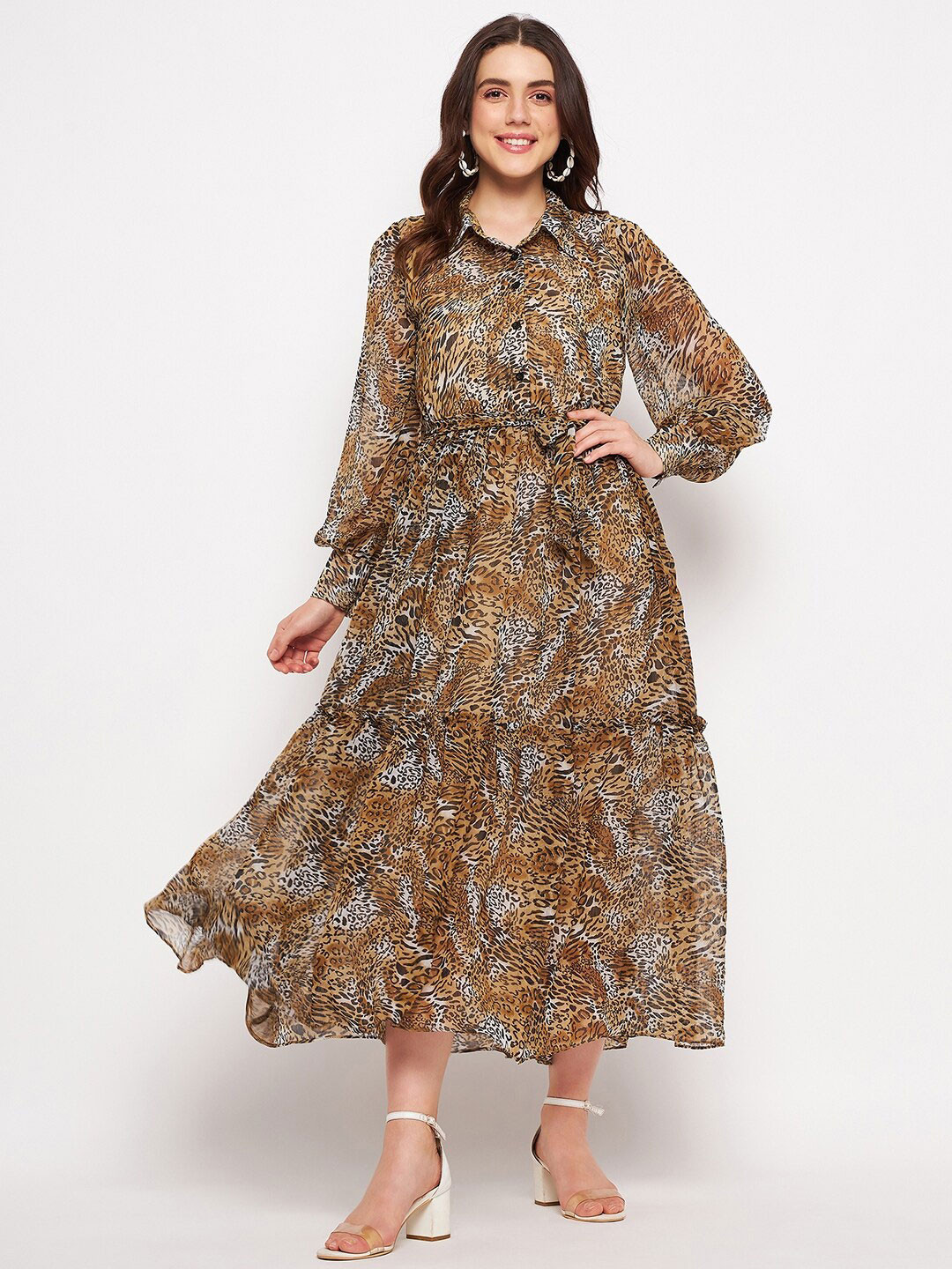 DELAN Animal Printed Ruffled Chiffon Tiered Fit And Flare Maxi Dress