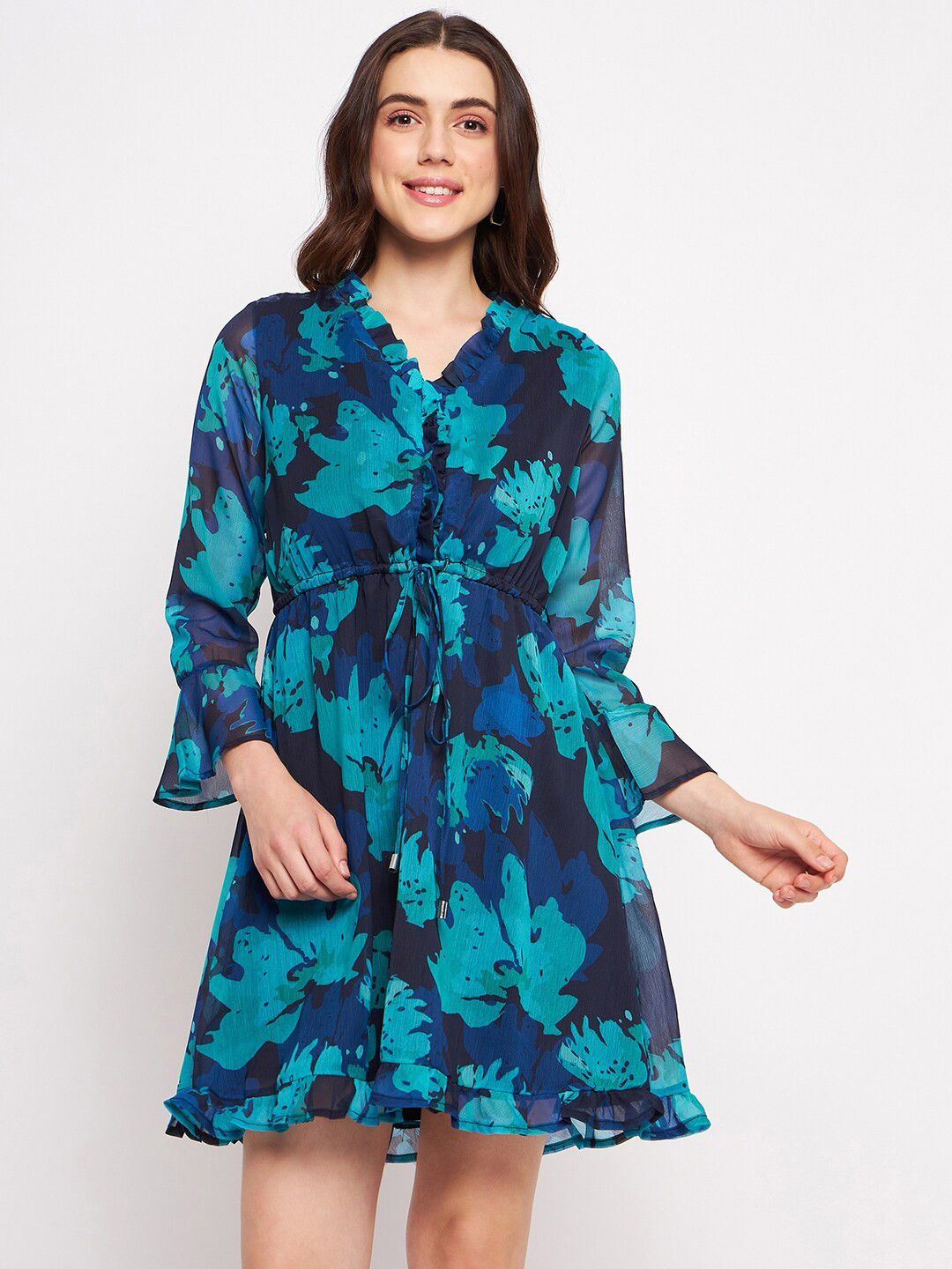 DELAN Floral Print Bell Sleeve Ruffled Chiffon Shirt Dress