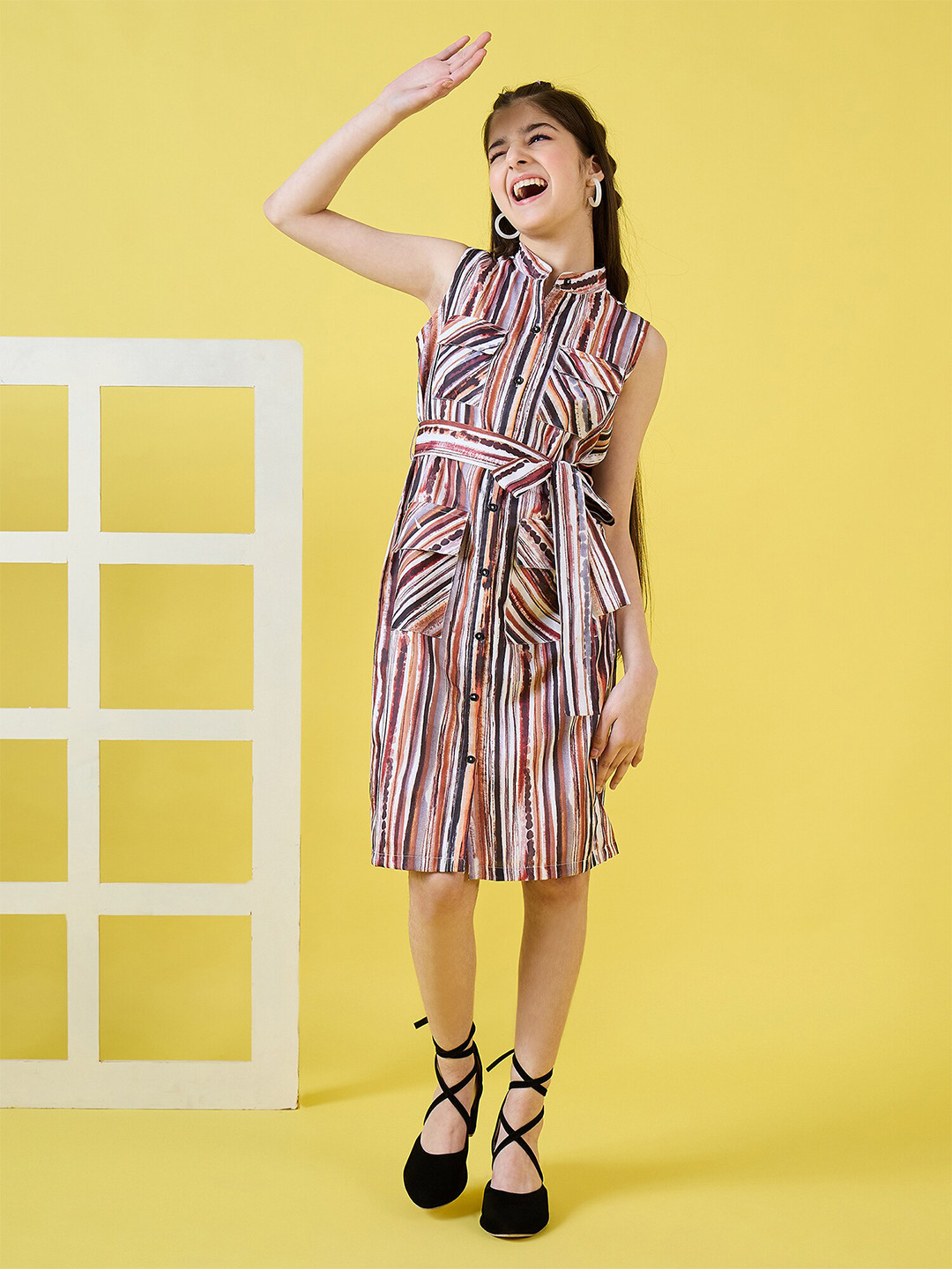 Stylo Bug Girls Abstract Printed Crepe Tie-Up A-Line Dress