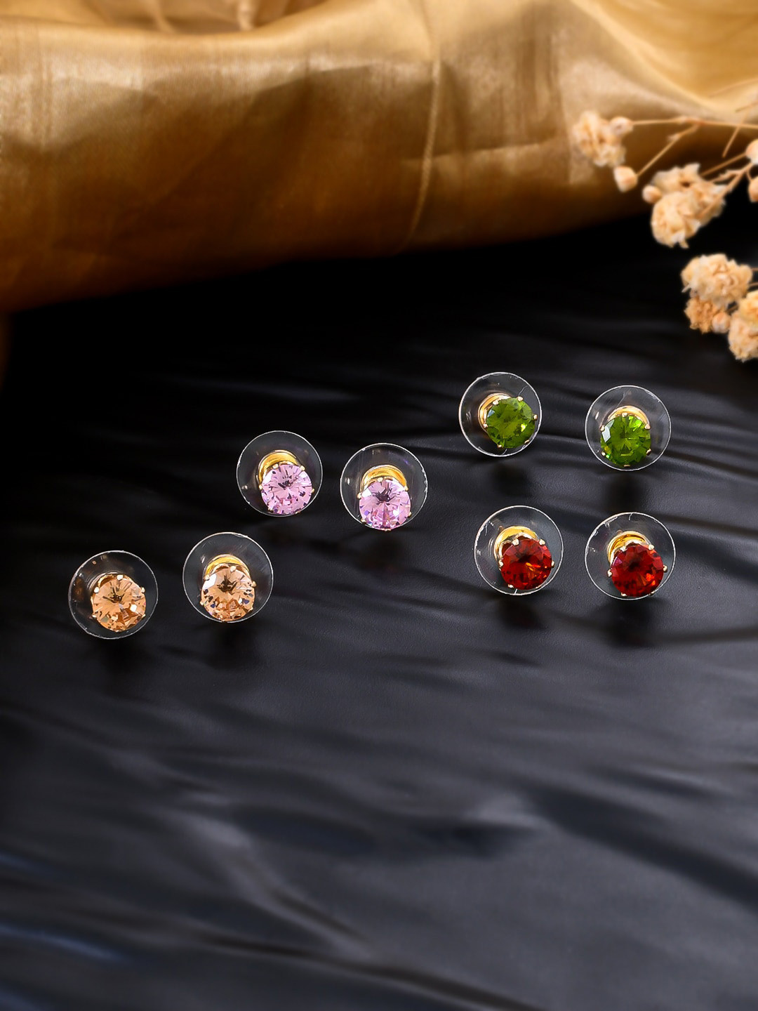 Silvermerc Designs Set Of 4 Rose Gold-Plated Cubic Zirconia Studded Studs Earrings