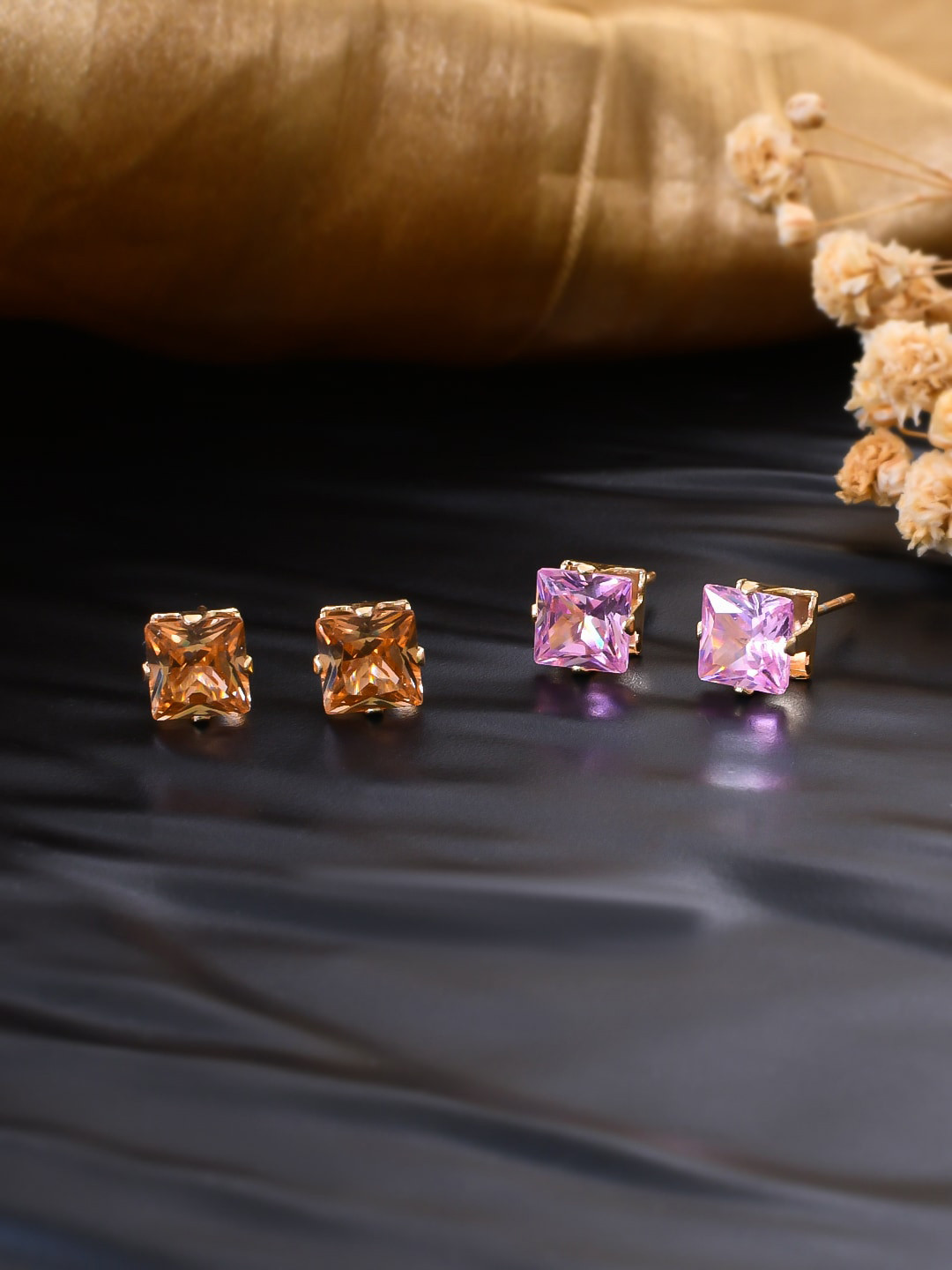 Silvermerc Designs Set Of 2 Rose Gold-Plated Cubic Zirconia-Studded Square Studs Earrings