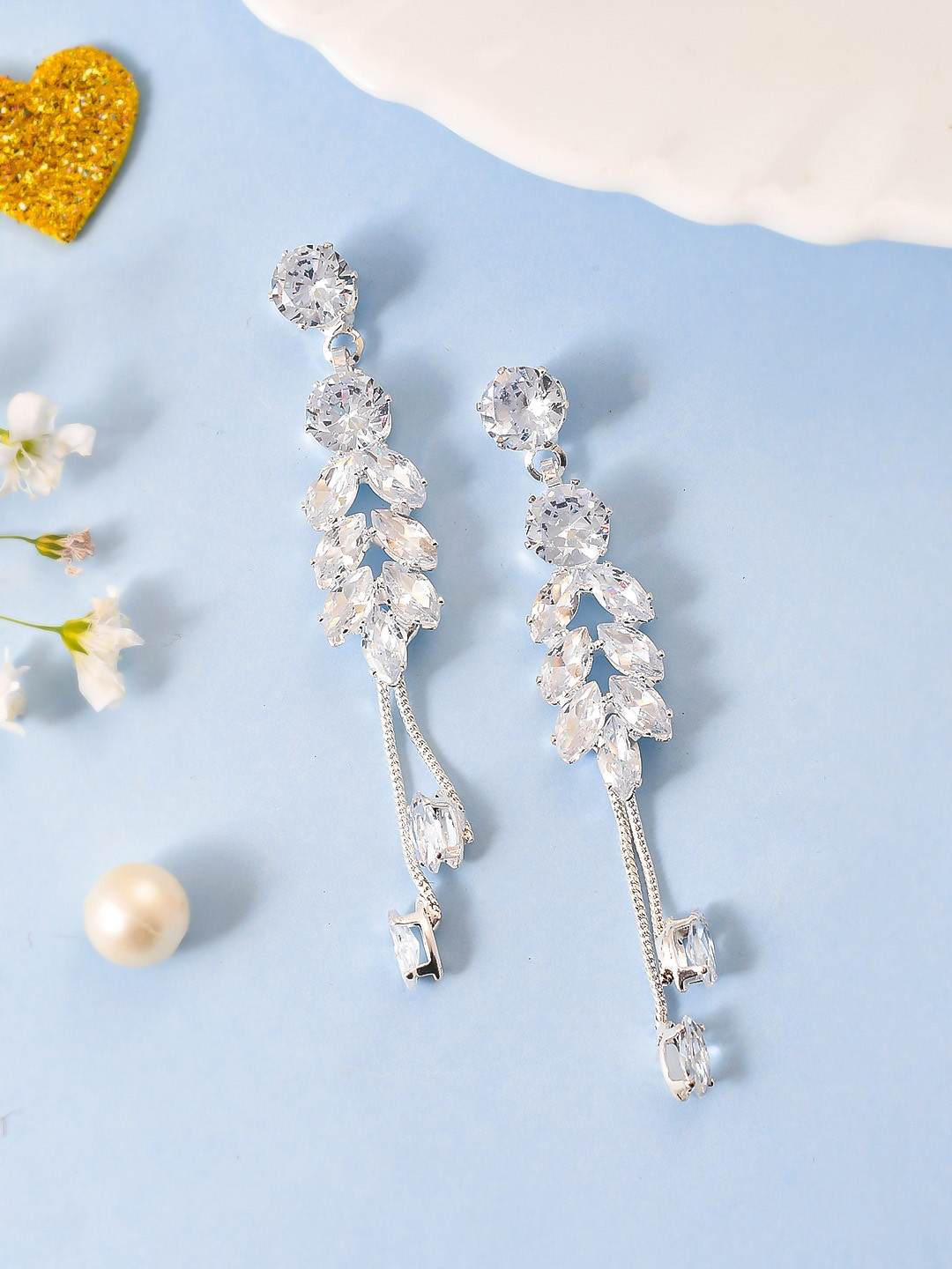 Silvermerc Designs Silver-Plated Cubic Zirconia-Studded Leaf Shaped Drop Earrings