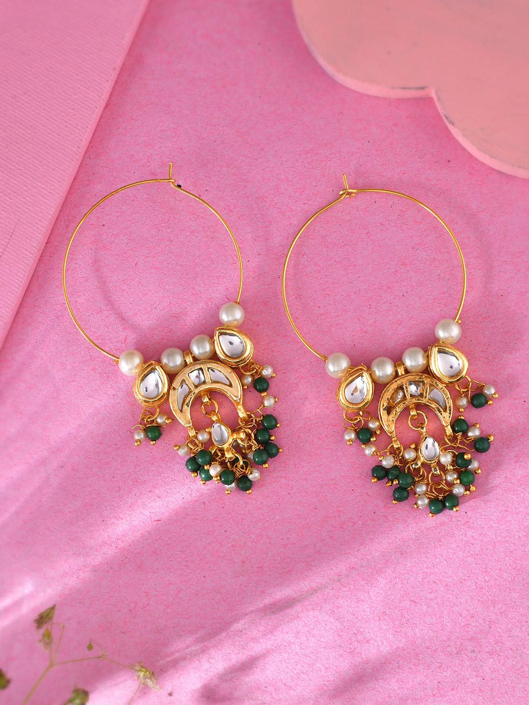 Silvermerc Designs Gold-Plated Artificial Stones-Studded & Beaded Hoop Earrings