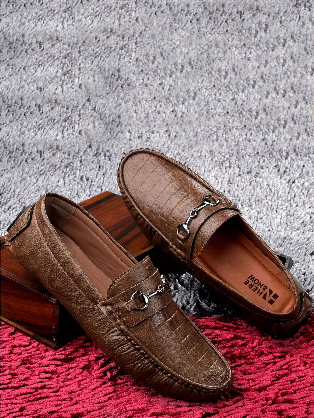 HERE&NOW Men Brown Croc-Textured Buckle Casual Loafers