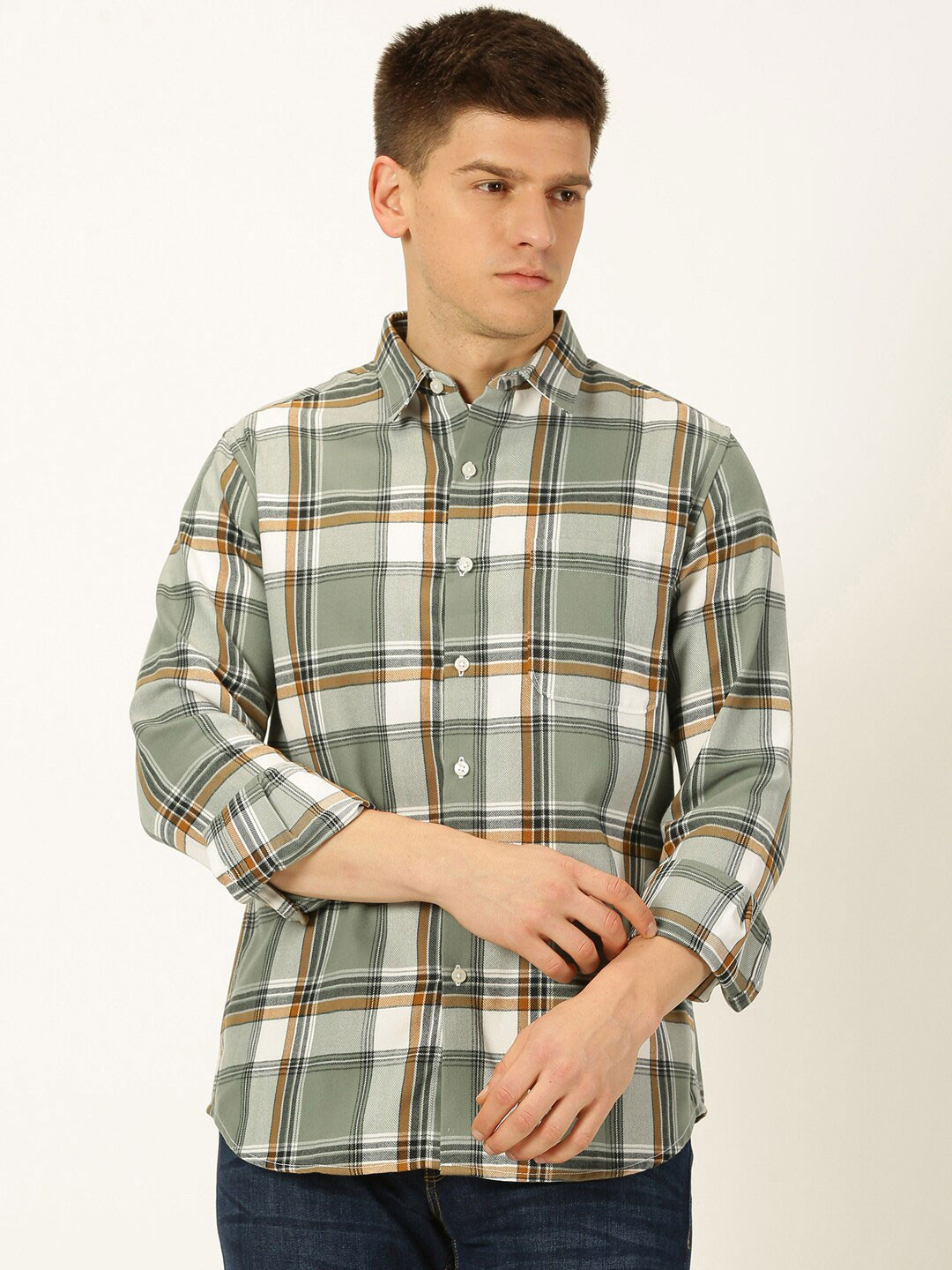 Harvard Olive Green Standard Slim Fit Tartan Checks Flannel Spread Collar Casual Shirt