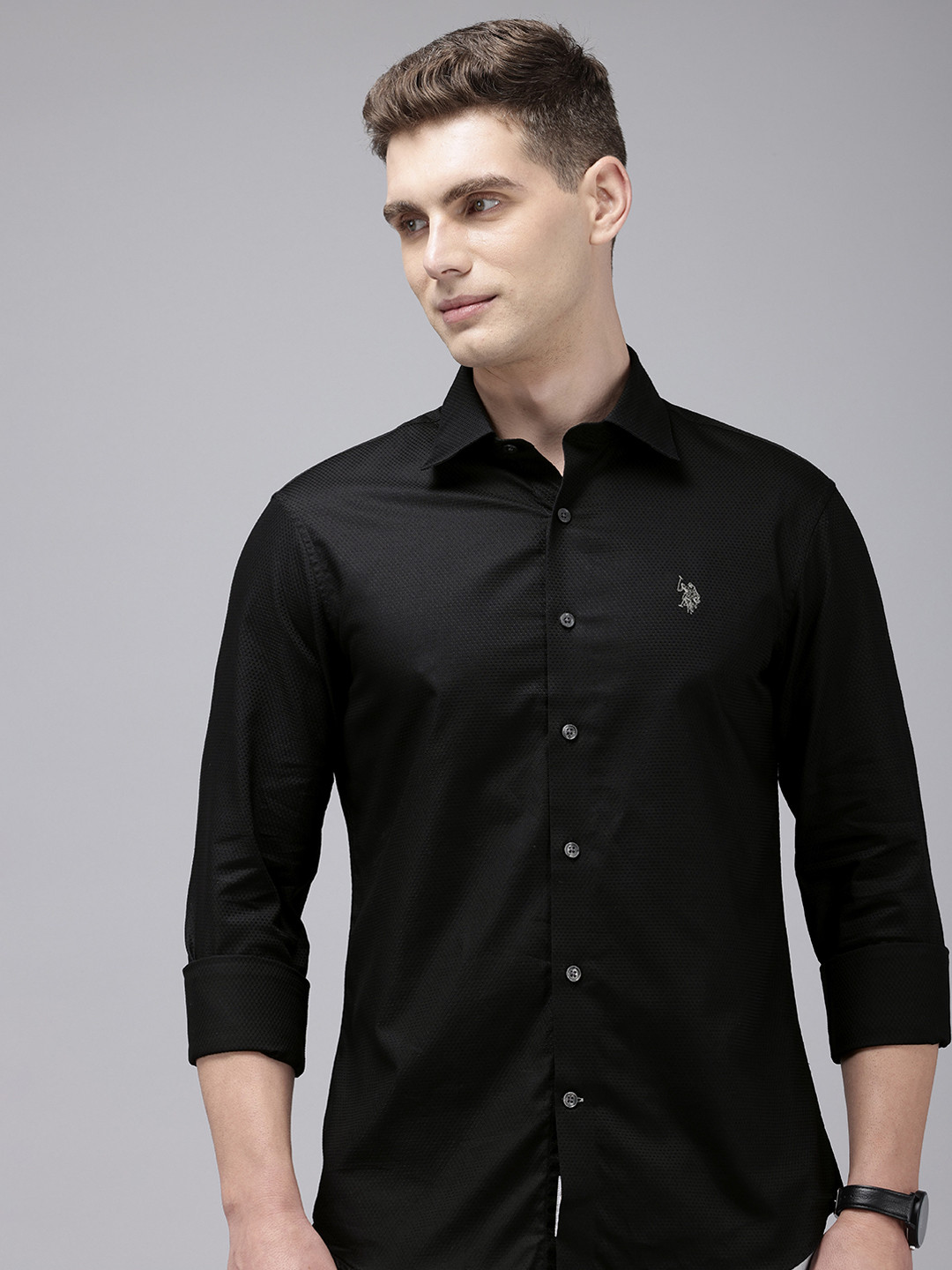 U.S. Polo Assn. Pure Cotton Self Deign Textured Tailored Fit Opaque Casual Shirt