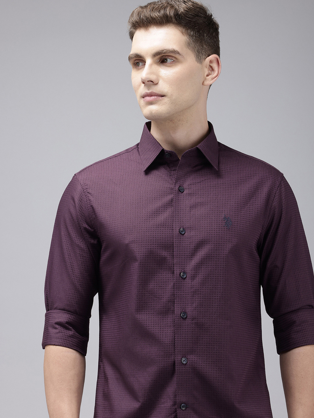 U.S. Polo Assn. Pure Cotton Self Design Tailored Fit Textured Casual Shirt